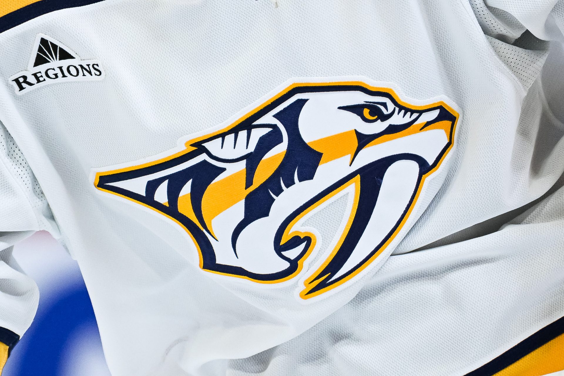 View of a Nashville Predators logo on a jersey worn by a member of the team against the Montreal Canadiensduring the second period at Bell Centre.