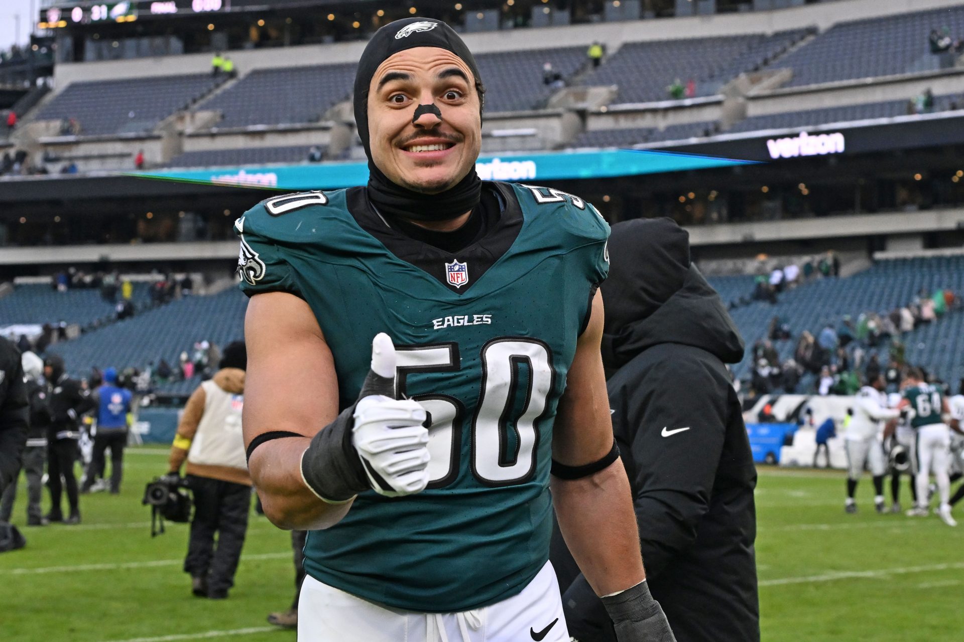 Philadelphia Eagles linebacker Jaelan Phillips (50) walks off the field after win against the Las Vegas Raiders at Lincoln Financial Field.
Source: Eric Hartline-Imagn Images