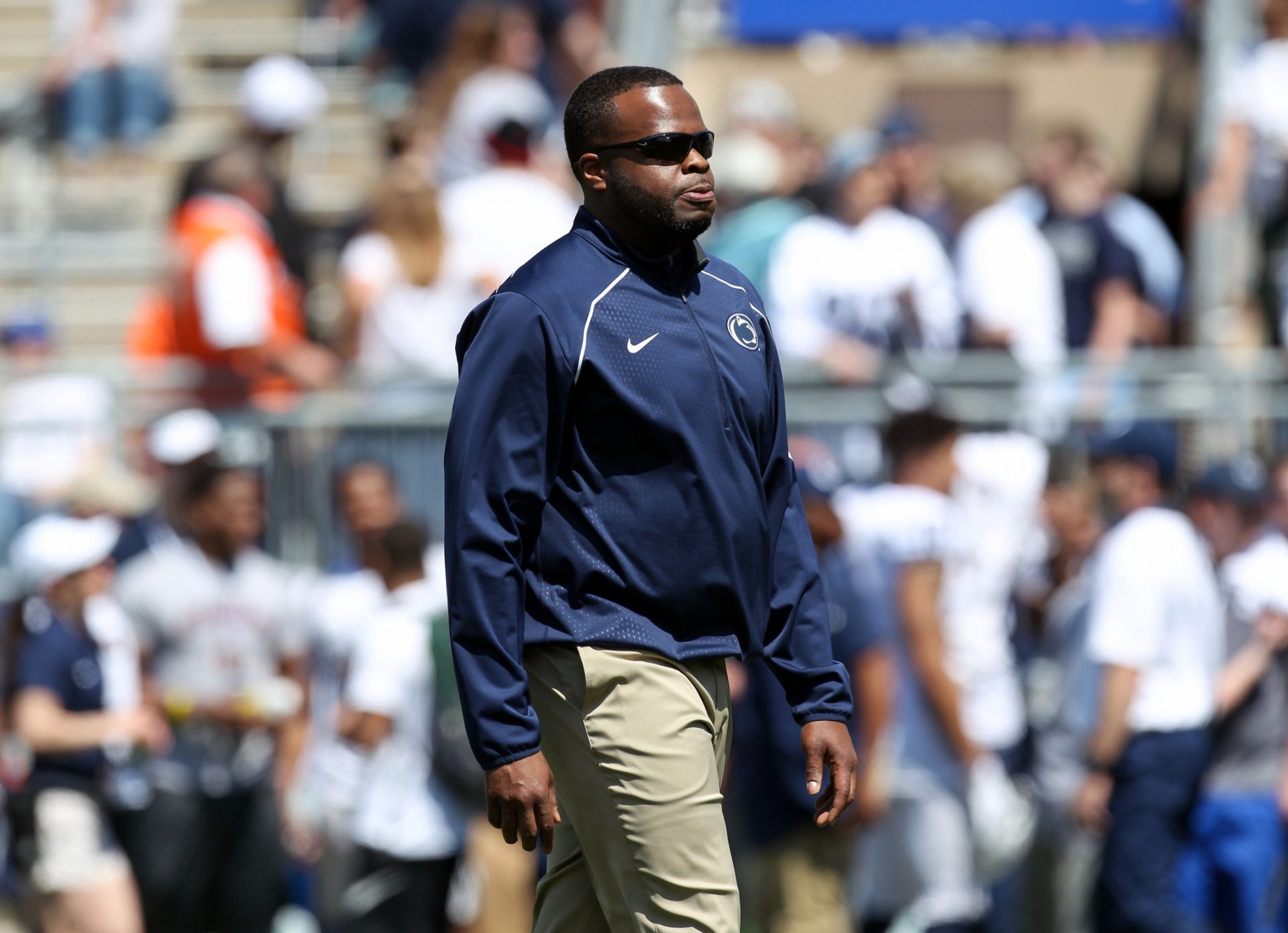 Penn State Nittany Lions special teams coordinator and running backs coach Charles Huff walks on the field during a warmup prior to the Blue White spring game at Beaver Stadium. The Blue team defeated the White team 37-0 - Source: Imagn