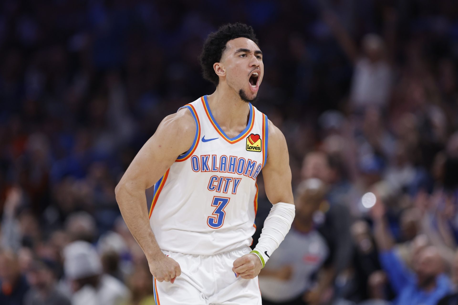 Oklahoma City Thunder guard Jared McCain (3) celebrates after scoring against the Minnesota Timberwolves during the second half at Paycom Center - Source: Imagn Images