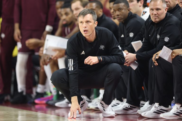 Texas A&M Aggies head coach Bucky McMillan looks on against the Arkansas Razorbacks during the first half at Bud Walton Arena. Source: Nelson Chenault-Imagn Images