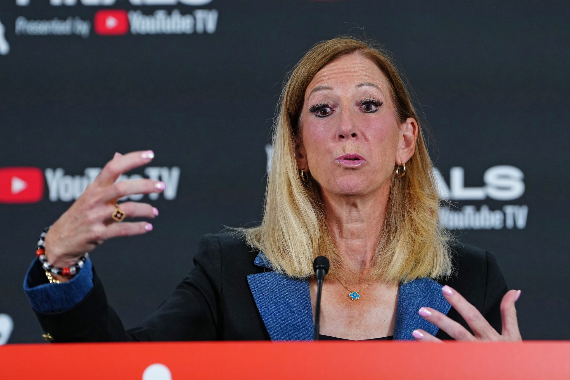 WNBA Commissioner Cathy Engelbert talks during a presser before the start of game one of the 2025 WNBA Finals between the Phoenix Mercury and the Las Vegas Aces at Michelob Ultra Arena - Source: Imagn Images