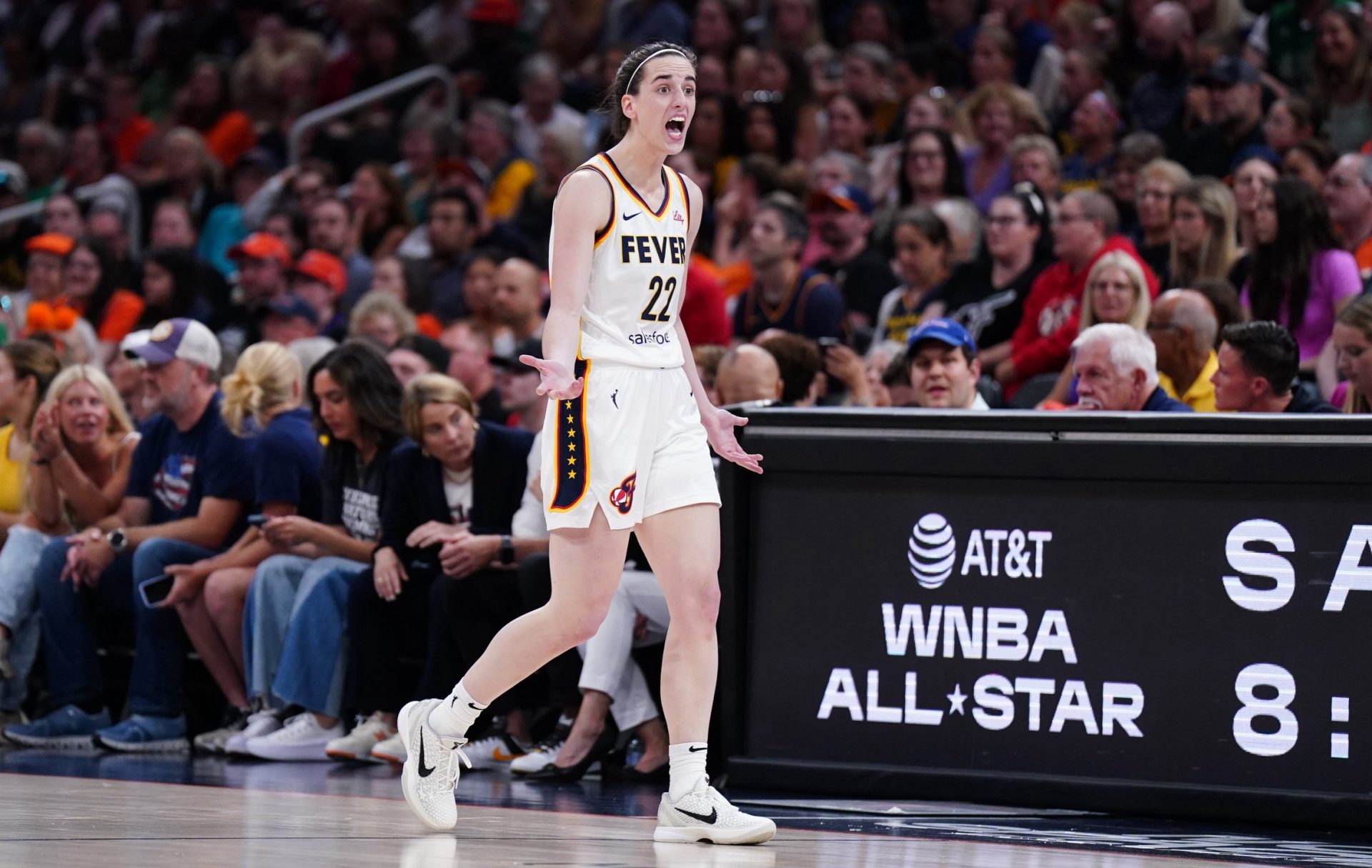 Indiana Fever guard Caitlin Clark (22) reacts after a play against the Connecticut Sun in the second quarter at TD Garden - Source: Imagn Images