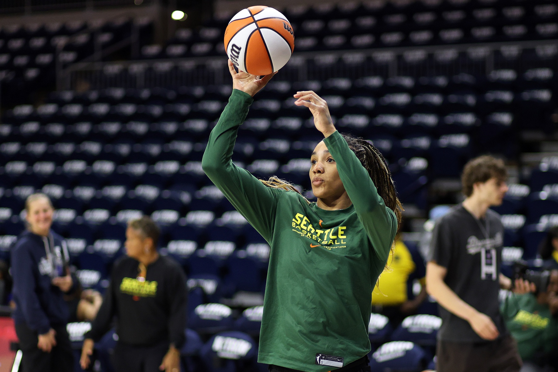 Seattle Storm forward Gabby Williams (5) takes a shot before a game against the Washington Mystics at CareFirst Arena - Source: Imagn Images