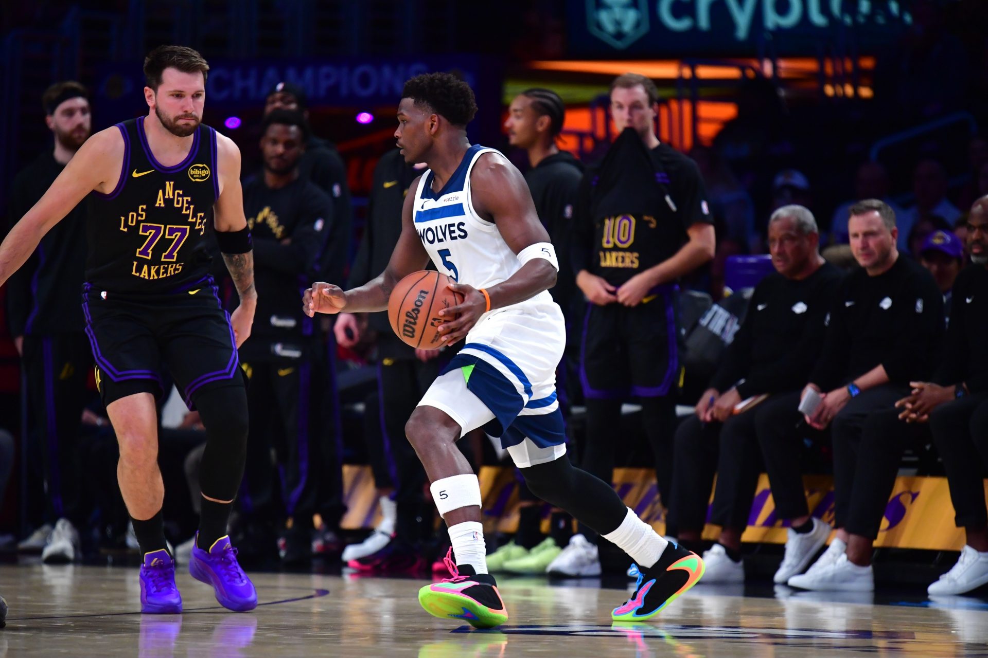 Luka Doncic (77) and Anthony Edwards (5) are among superstars dealing with injuries in the 2026 NBA playoffs. - Source: Imagn
