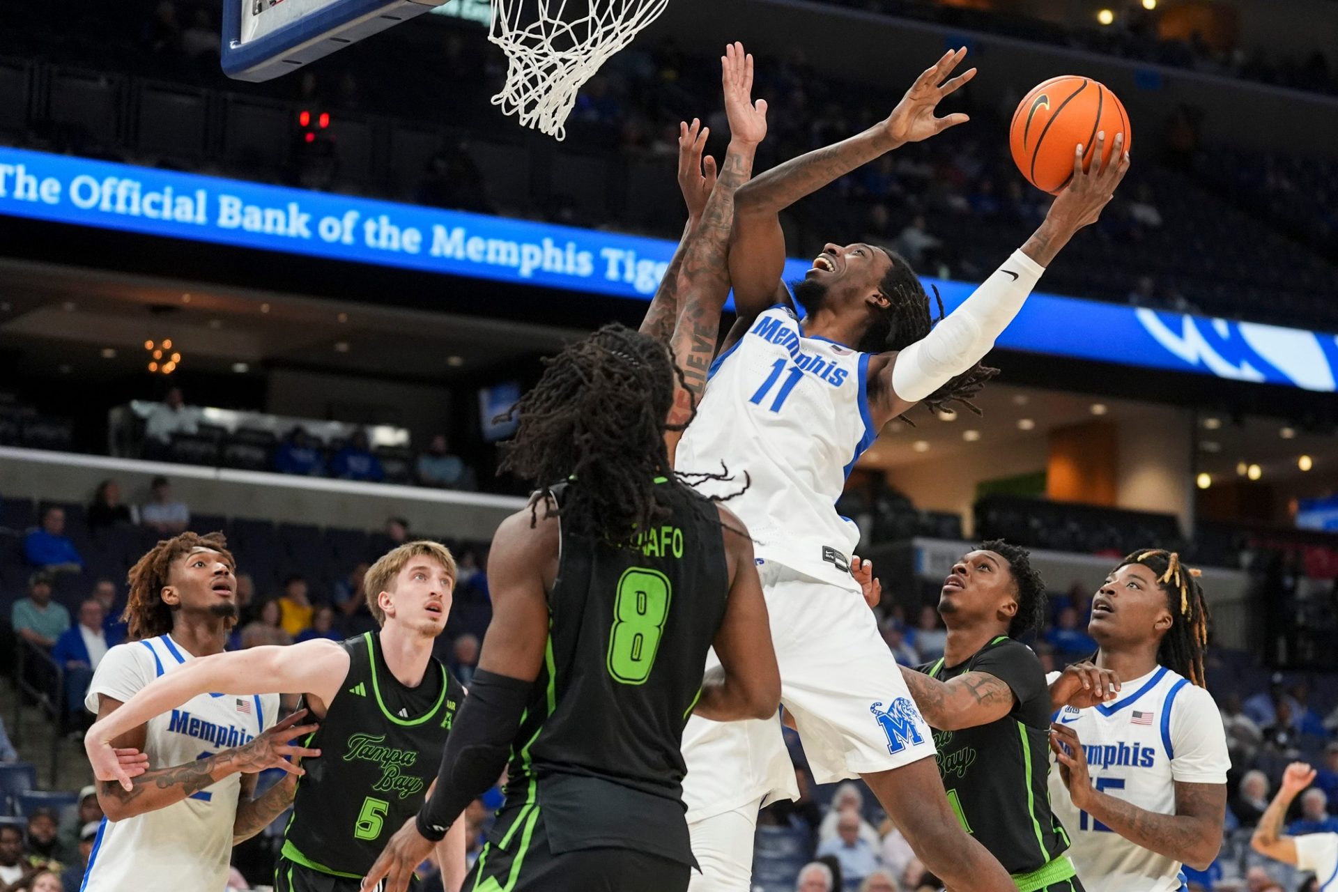 Memphis' Aaron Bradshaw (11) goes for a layup during the game between Memphis and the University of South Florida at FedExForum in Memphis, Tenn.
source: Imagn