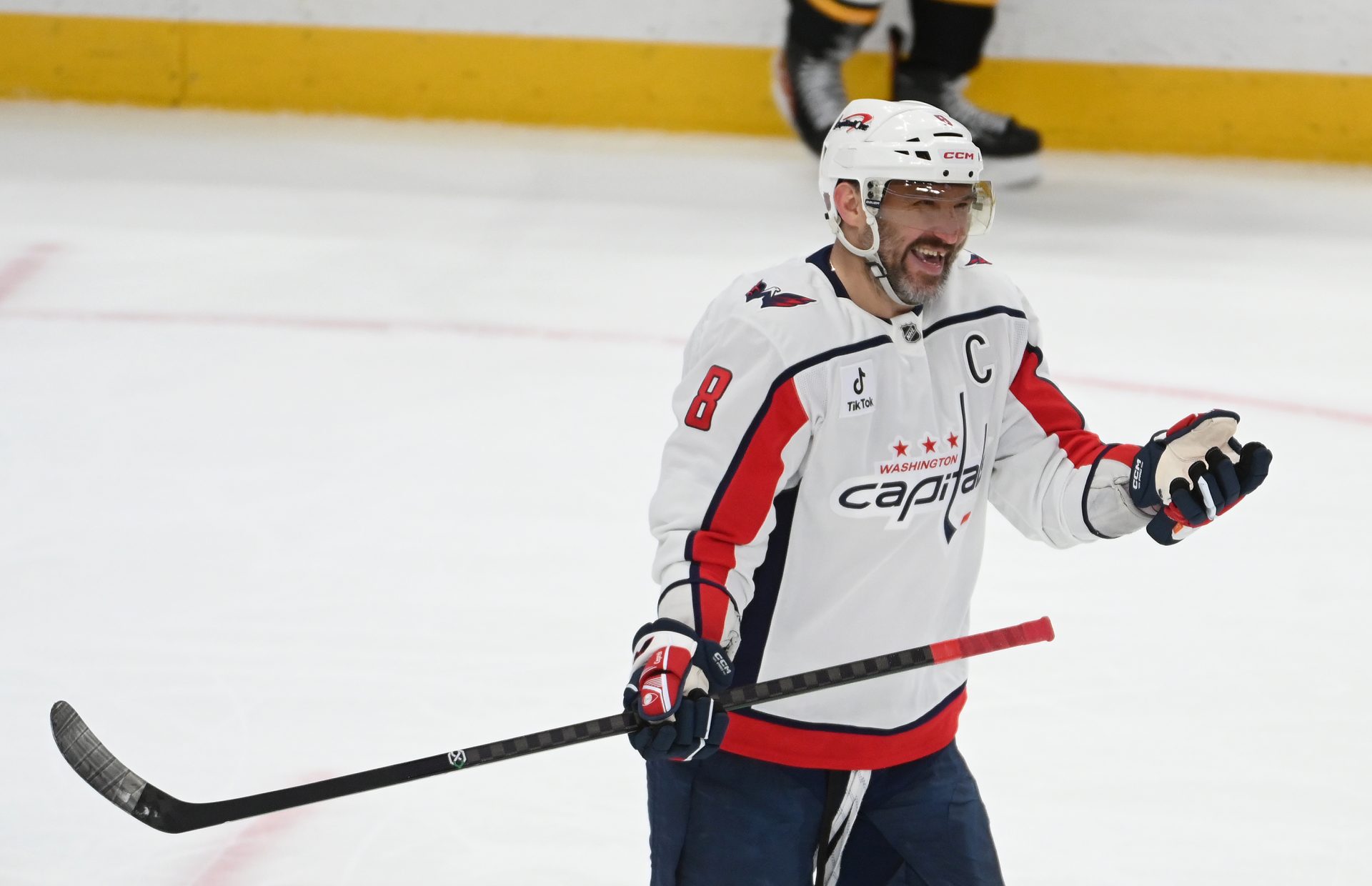 Washington Capitals left wing Alex Ovechkin (8) celebrates an ampty net goal against the Pittsburgh Penguins during the third period at PPG Paints Arena. Source: Imagn