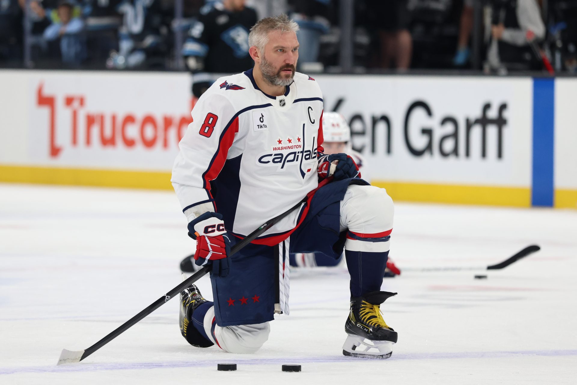 Washington Capitals left wing Alex Ovechkin (8) warms up before a game against the Utah Mammoth at Delta Center.