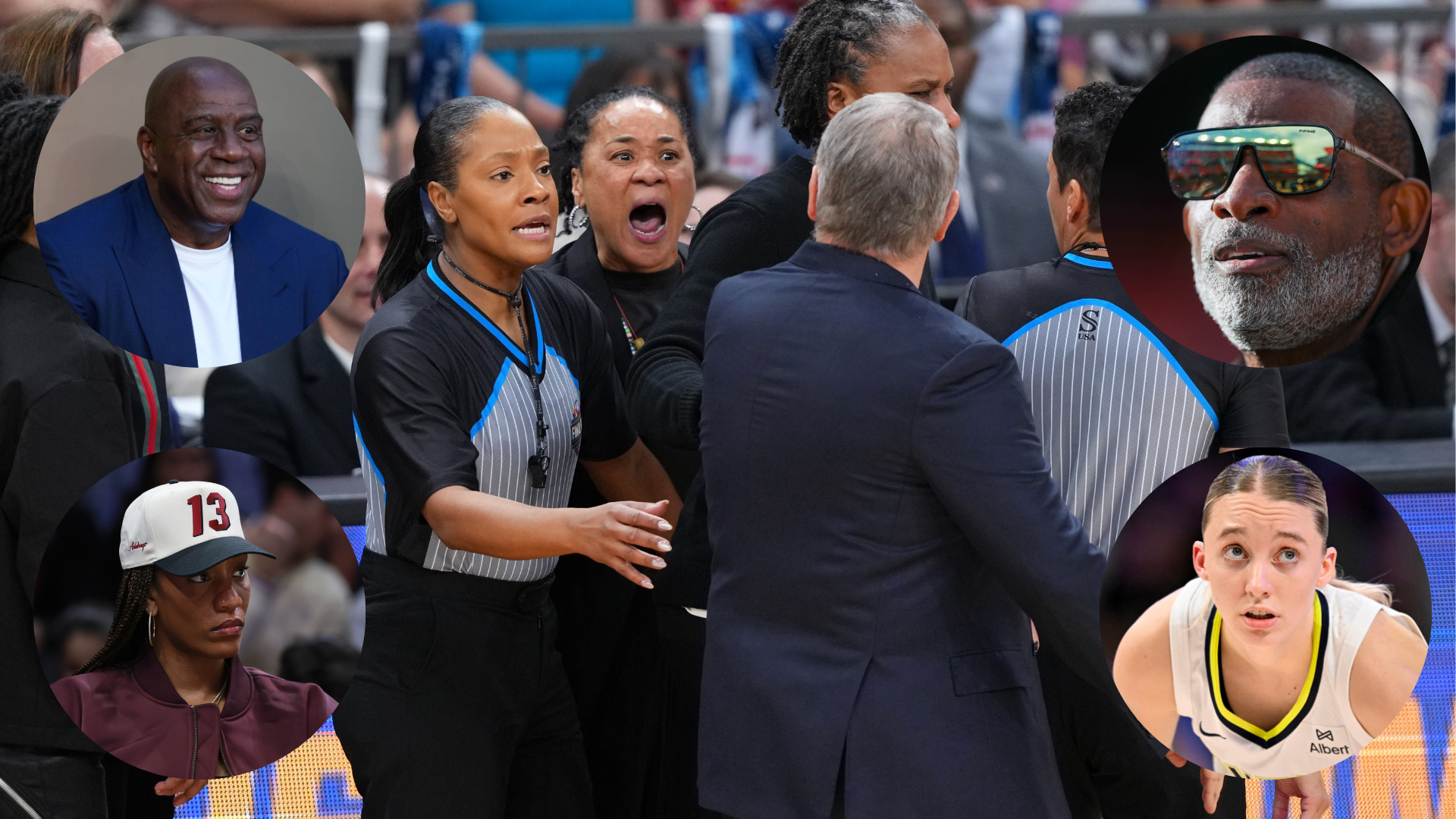 Dawn Staley, Geno Auriemma, Magic Johnson, Deion Sanders, A'ja Wilson, Paige Bueckers.
Source: Imagn Images