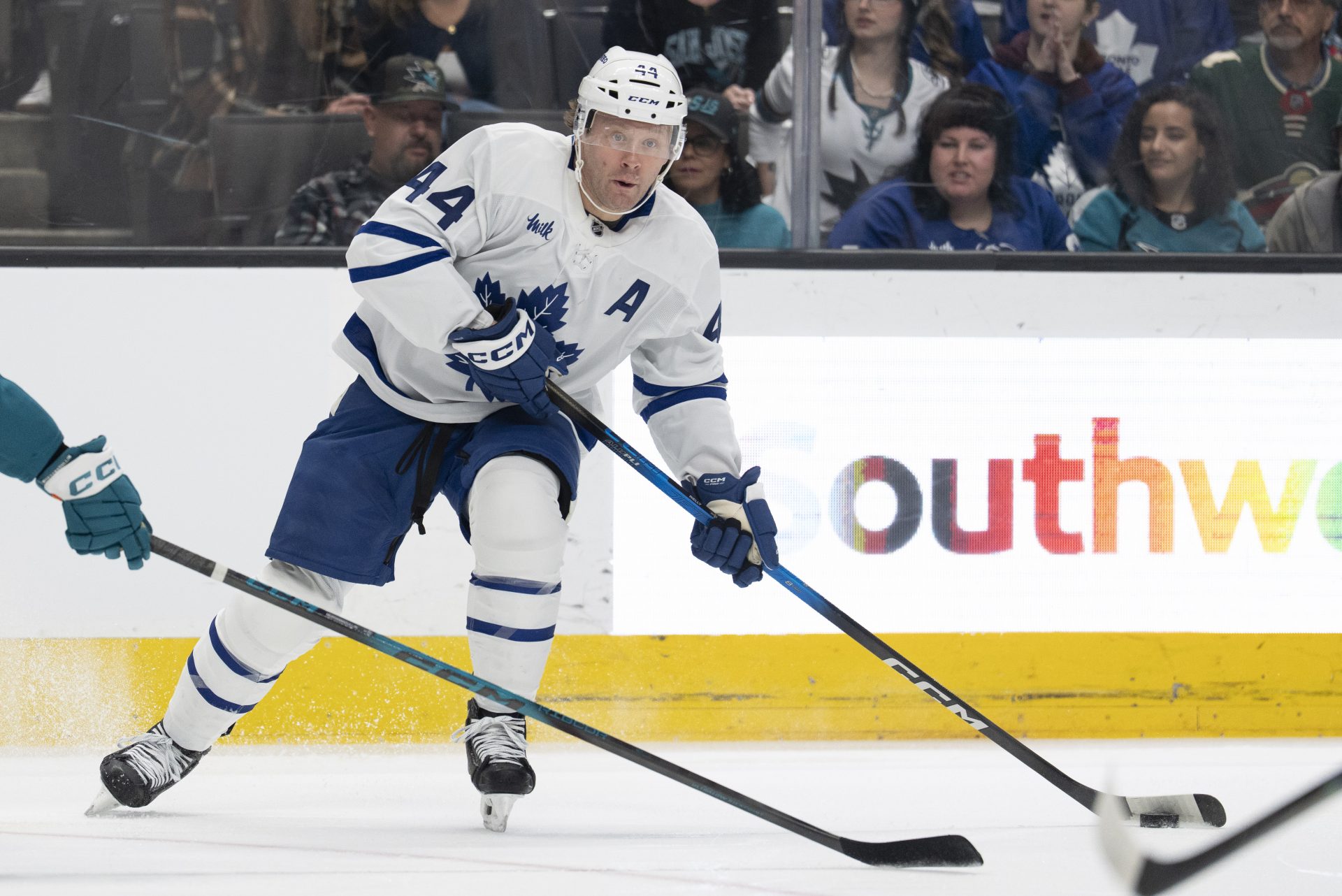Toronto Maple Leafs defenseman Morgan Rielly (44) looks to pass the puck during the first period against the San Jose Sharks at SAP Center at San Jose. Source: Imagn