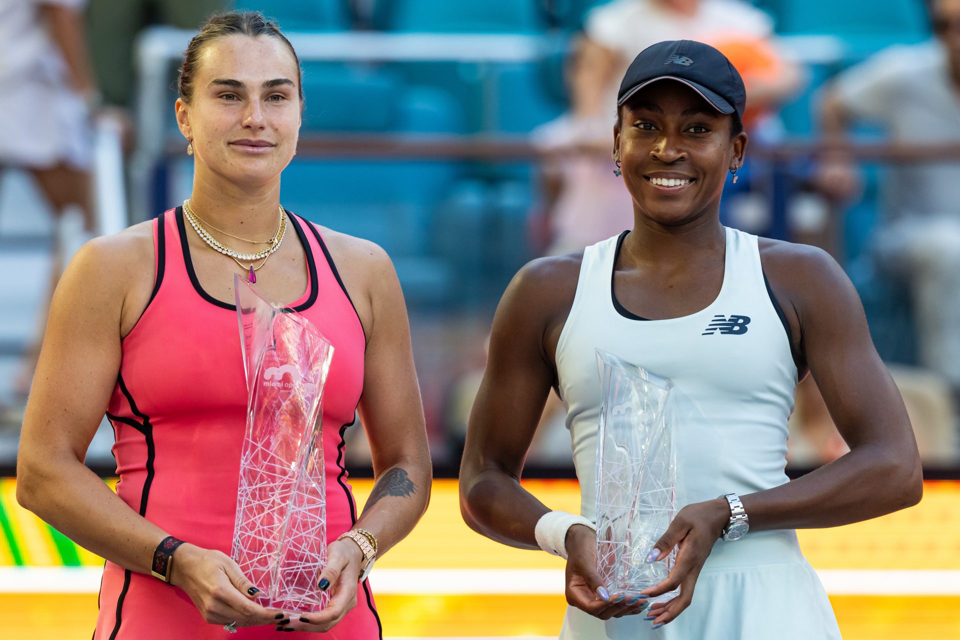 Aryna Sabalenka and Coco Gauff pose after women's singles final at the Hard Rock Stadium. Source: IMAGN