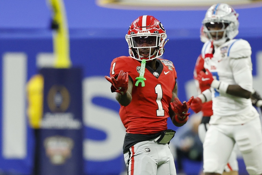 Georgia Bulldogs wide receiver Zachariah Branch (1) gestures after a first down against the Mississippi Rebels during the 2026 Sugar Bowl and quarterfinal game of the College Football Playoff at Caesars Superdome. Source: Imagn