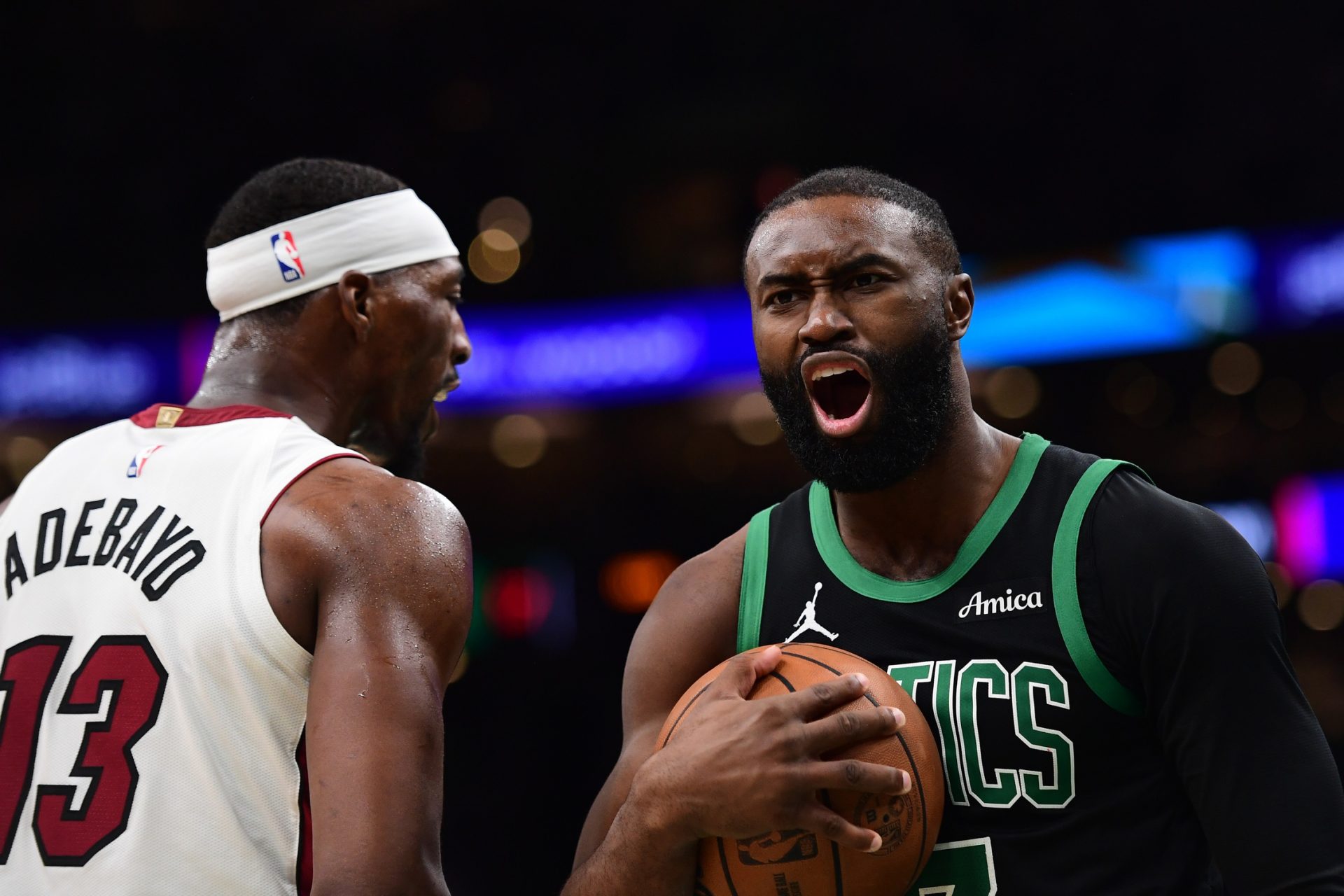 Boston Celtics guard Jaylen Brown (7) reacts towards the official after a play during the second half against the Miami Heat at TD Garden.