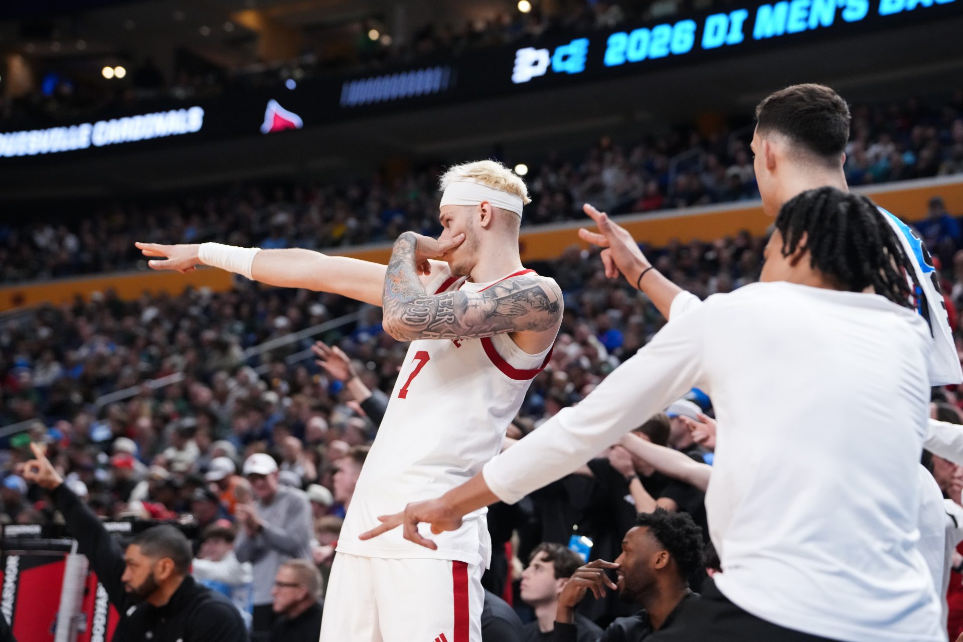 Louisville Cardinals forward Kasean Pryor (7) reacts during the second half against the South Florida Bulls during a first round game of the men's 2026 NCAA Tournament at Keybank Center.