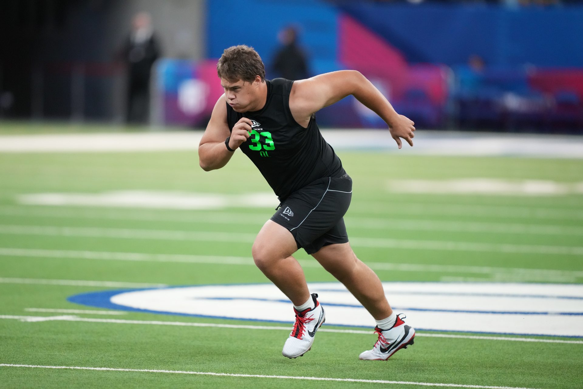 Utah offensive lineman Caleb Lomu (OL33) during the NFL Scouting Combine at Lucas Oil Stadium. Source: Imagn