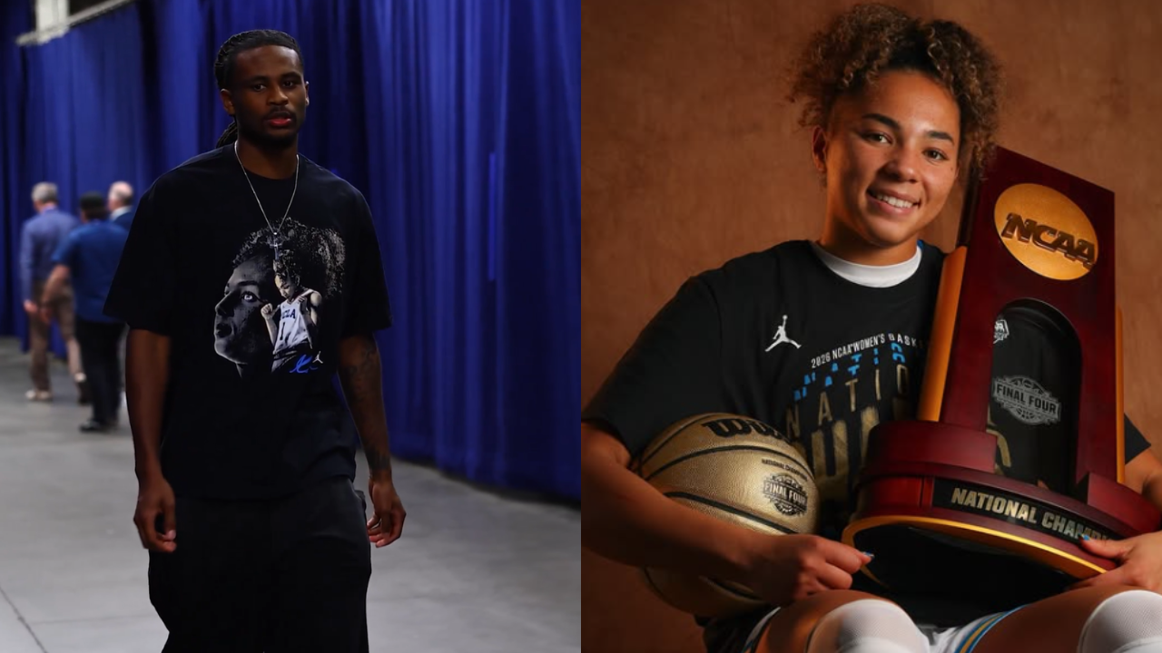 Cason Wallace (L) and his girlfriend, UCLA's Kiki Rice (Image via X/@okcthunder, Instagram/@marchmadnesswbb)