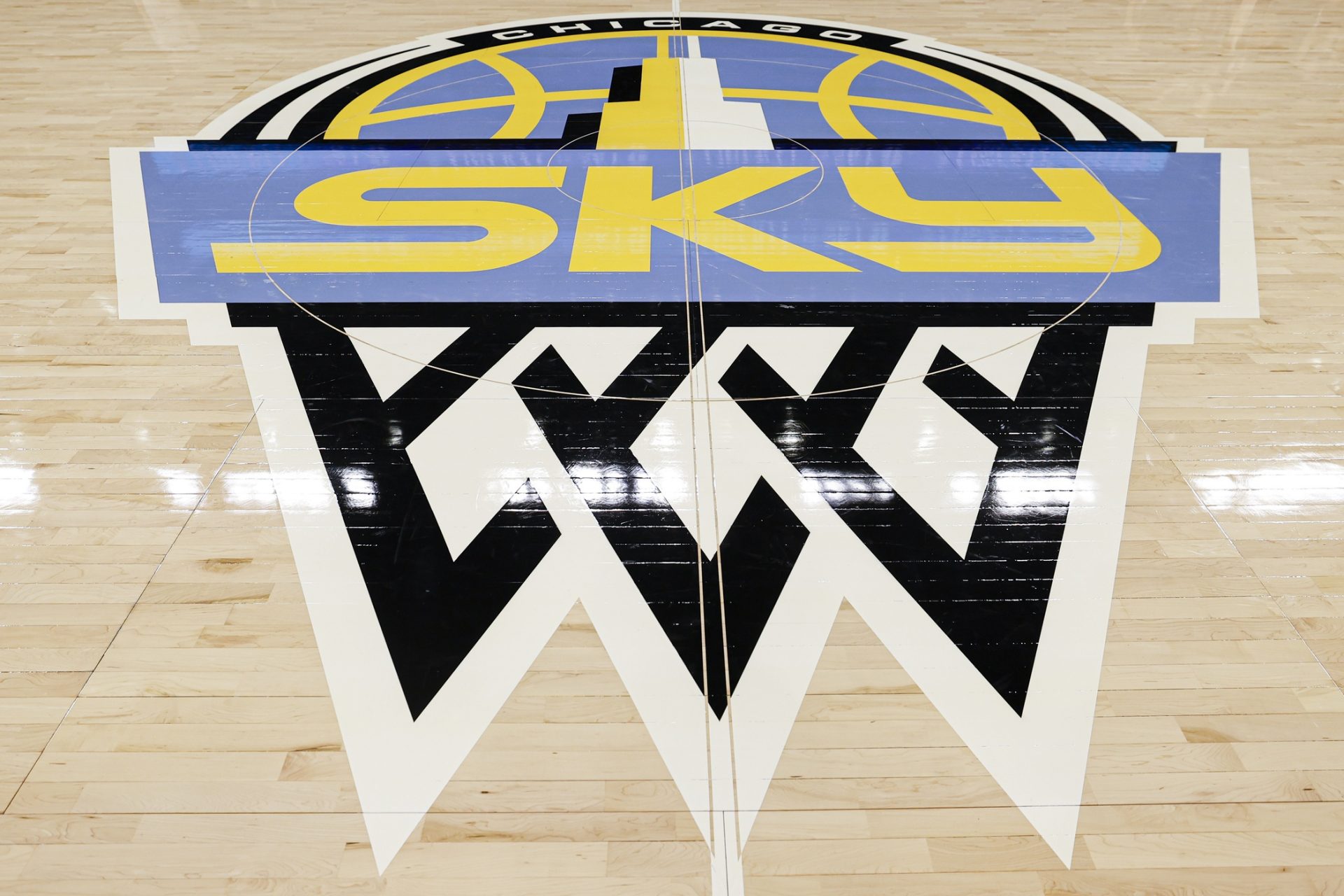 Chicago Sky logo is seen center court before a WNBA game between the Chicago Sky and New York Liberty at Wintrust Arena - Source: USA TODAY Sports