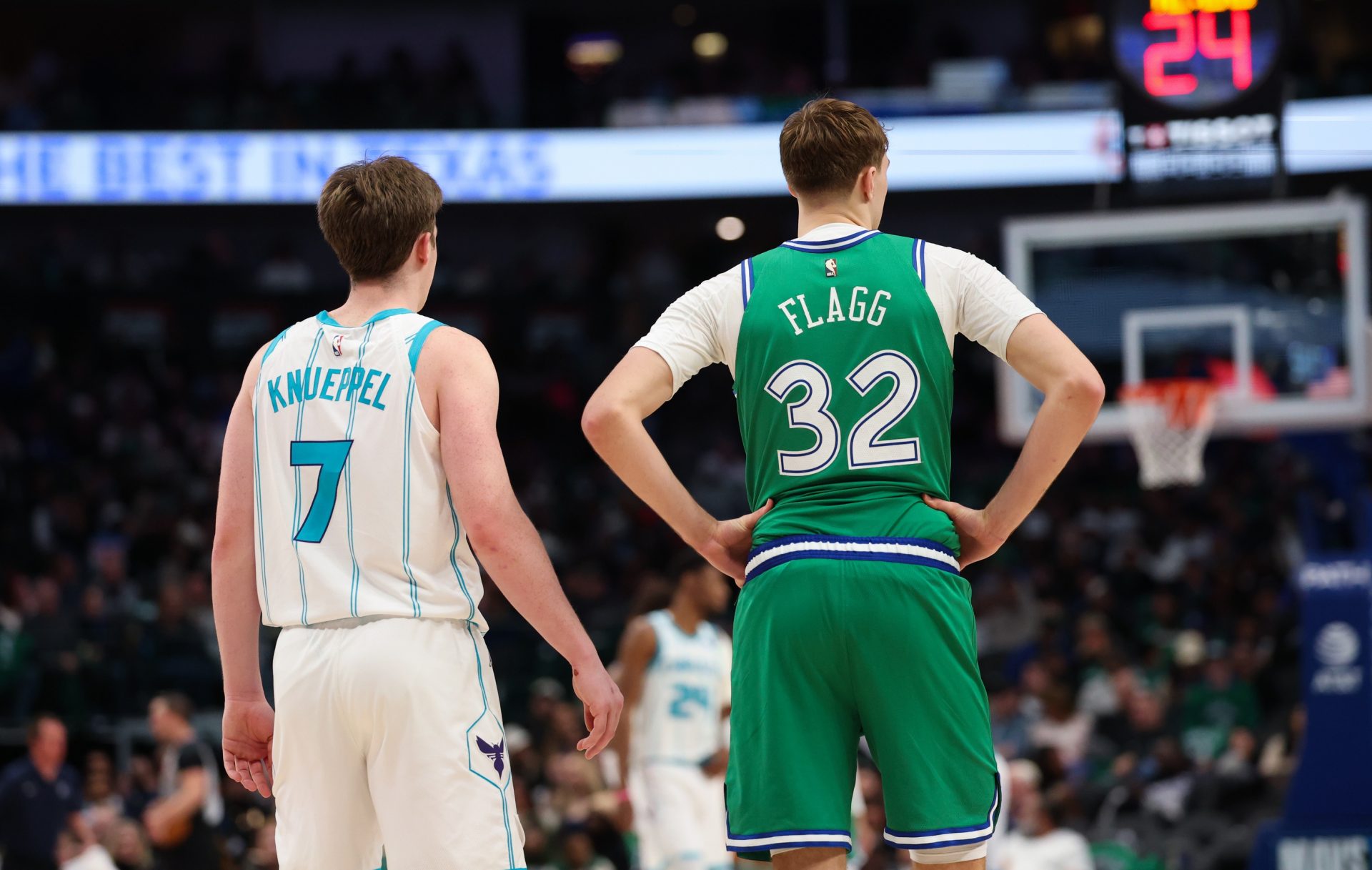 Charlotte Hornets guard Kon Knueppel (7) stands with Dallas Mavericks forward Cooper Flagg (32) during the second half at American Airlines Center - Source: Imagn Images