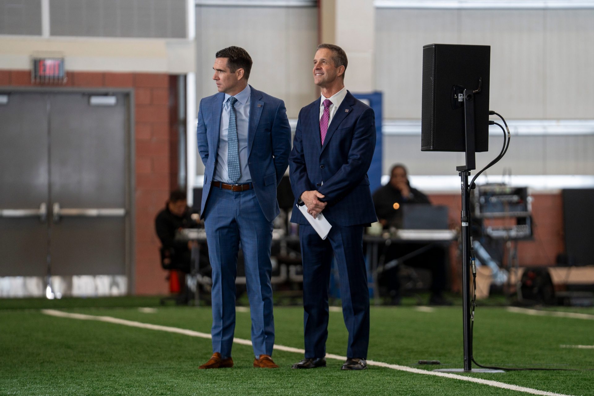 General Manager Joe Schoen, left, and new New Giants Head Coach John Harbaugh stand together during a press conference introducing new Head Coach John Harbaugh at the Quest Diagnostics Training Center in East Rutherford on Tuesday, Jan. 20, 2025. Source: Imagn