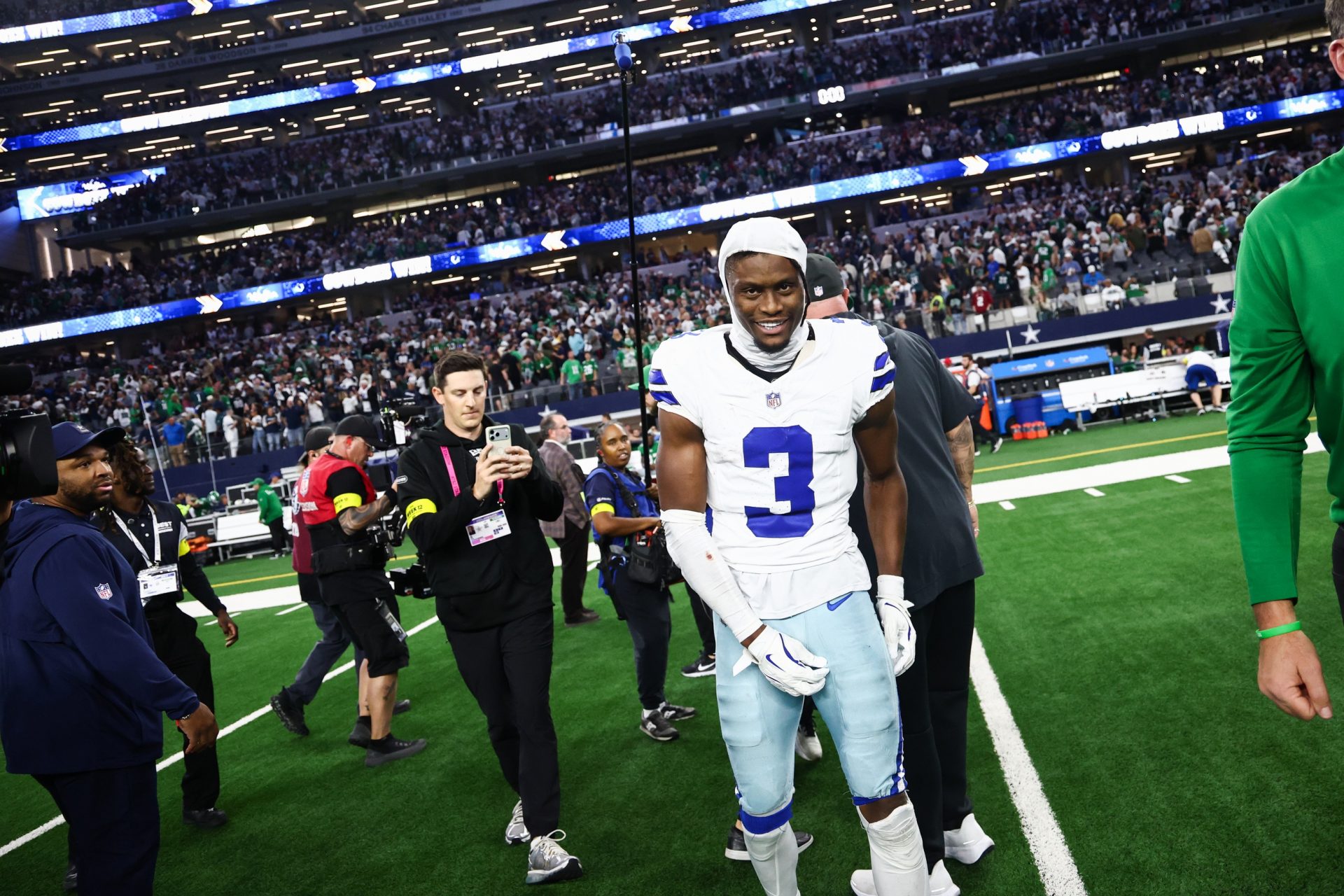 Dallas Cowboys wide receiver George Pickens (3) smiles after the game against the Philadelphia Eagles at AT&T Stadium. Source: Imagn