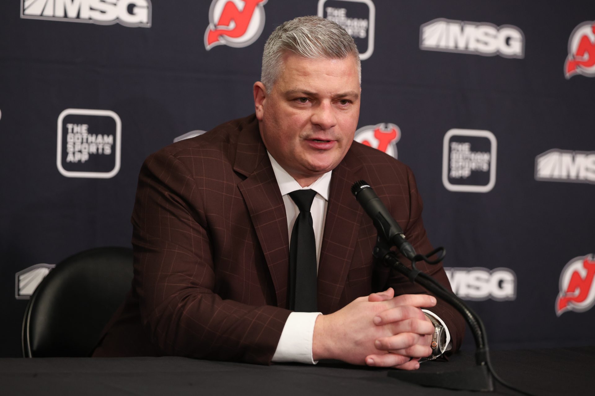 New Jersey Devils head coach Sheldon Keefe speaks to media after the game against the Buffalo Sabres at Prudential Center.