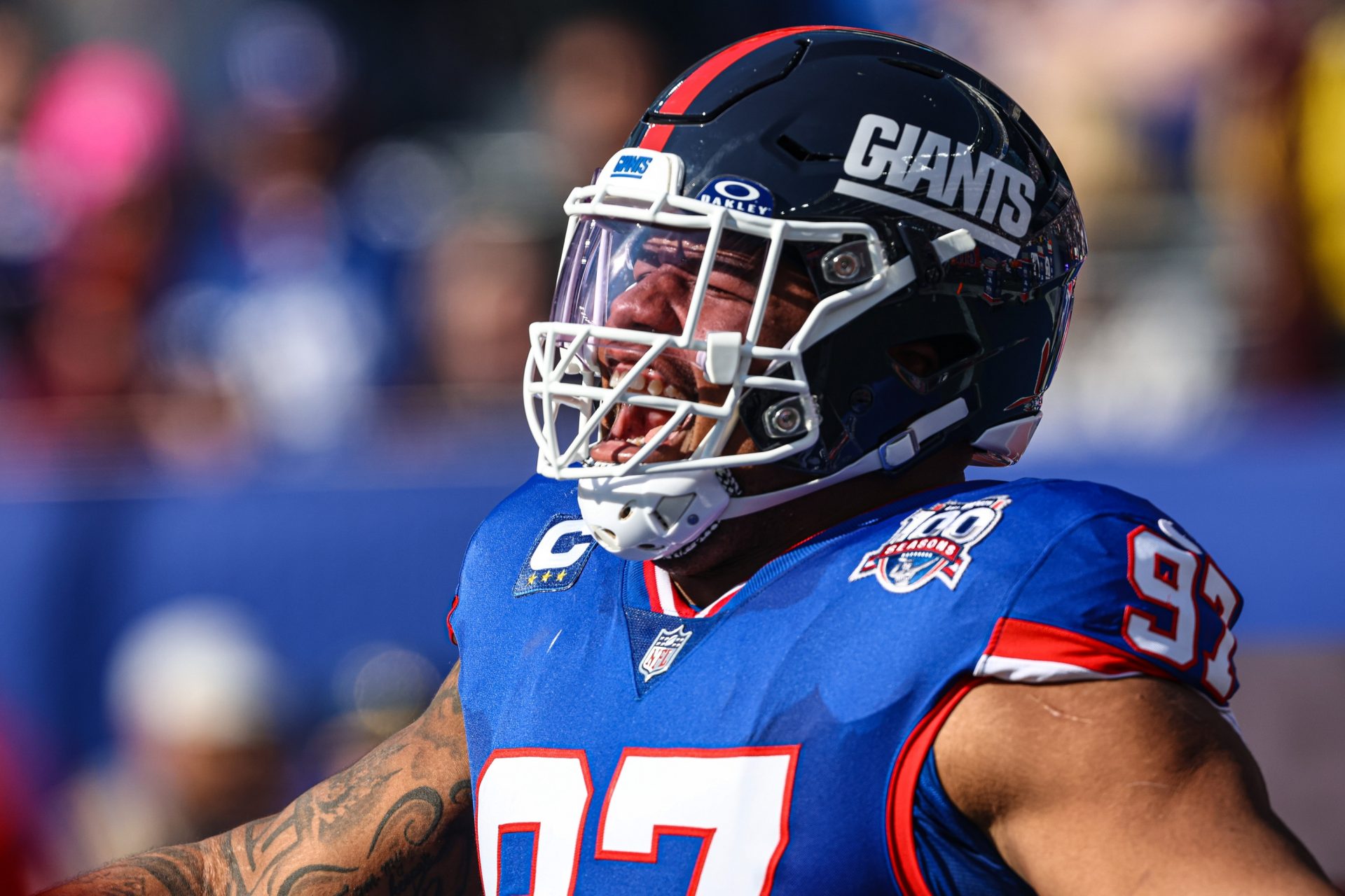 New York Giants defensive tackle Dexter Lawrence II (97) reacts during introductions before the game against the Washington Commanders at MetLife Stadium - Source: Imagn