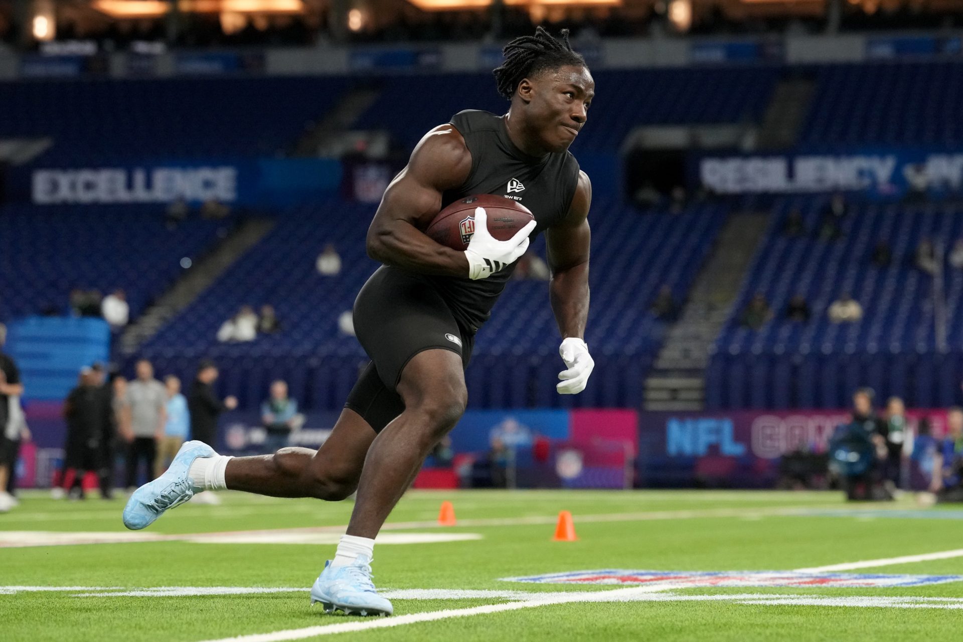Nebraska running back Emmett Johnson (RB10) during the NFL Scouting Combine at Lucas Oil Stadium. Source: Imagn