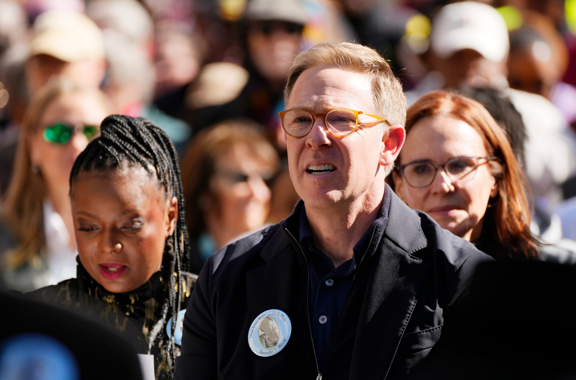 OKC Thunder GM Sam Presti sings along with the crowd during the dedication of the Clara Luper National Sit In Plaza, Saturday, Nov. 1, 2025. - Source: USA Today Network