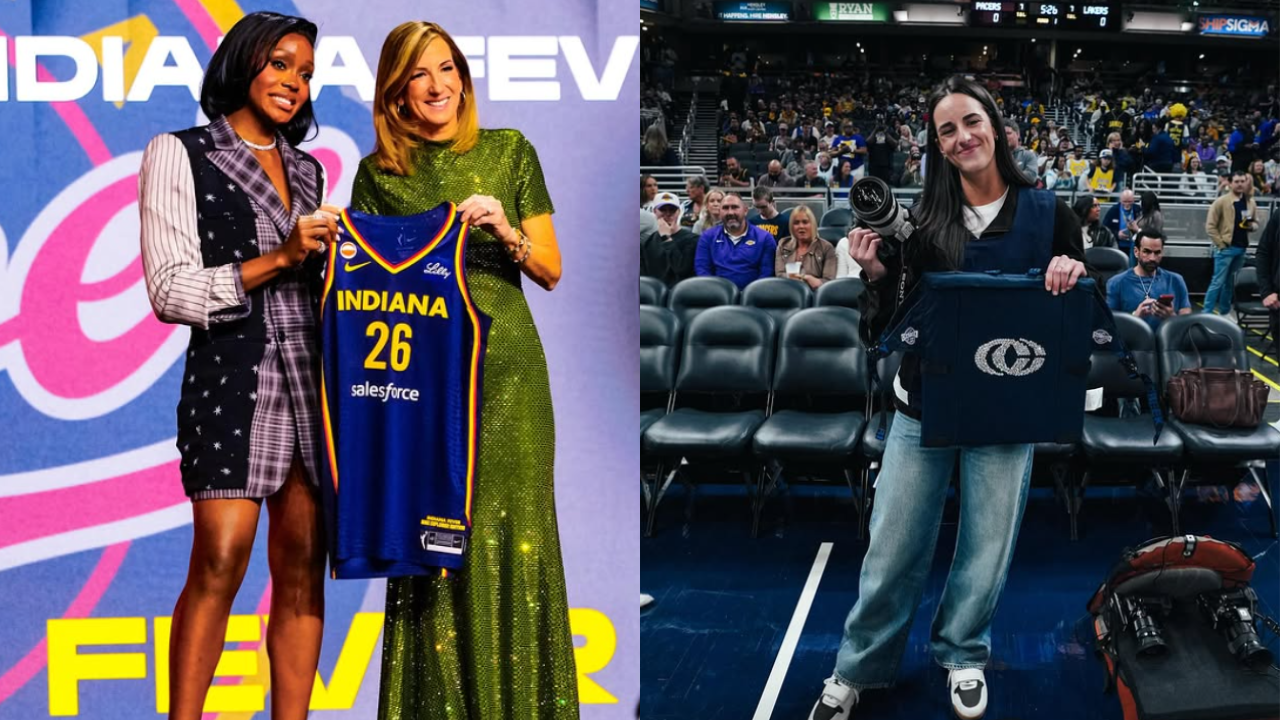 New Fever rookie Raven Johnson during the WNBA draft and Fever superstar Caitlin Clark. (Image via Instagram @indianafever, @pacers)
