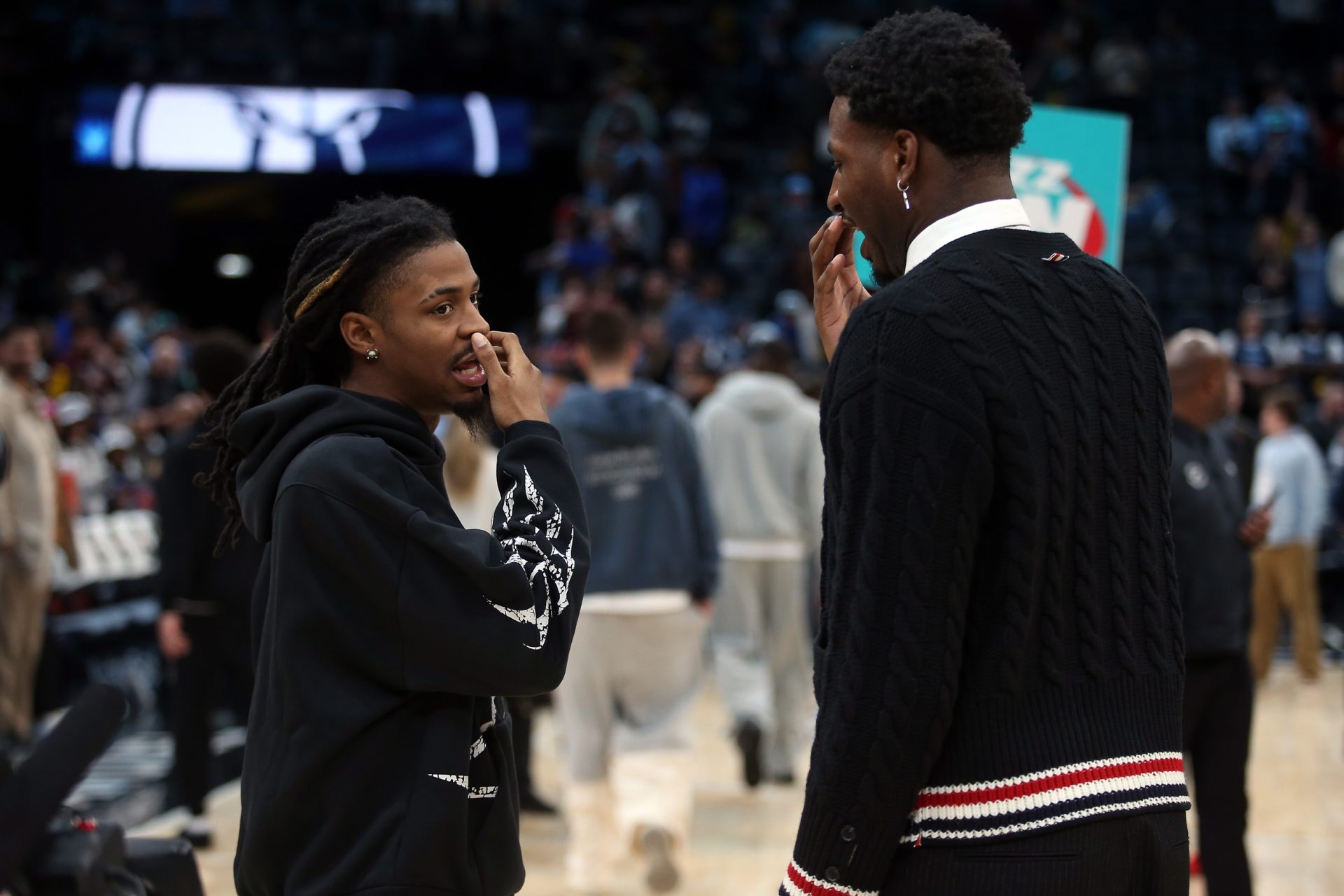 Memphis Grizzlies guard Ja Morant (left) and Utah Jazz forward Jaren Jackson Jr. (right) talk after a game at FedExForum.  - Source: Imagn