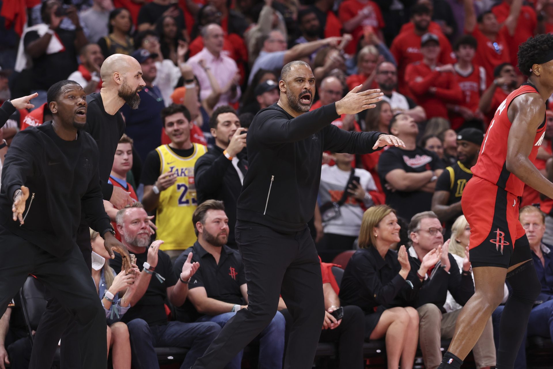 Houston Rockets Head Coach Ime Udoka reacts during the fourth quarter against the Los Angeles Lakers during game three of the first round of the 2026 NBA Playoffs at Toyota Center. - Source: Imagn