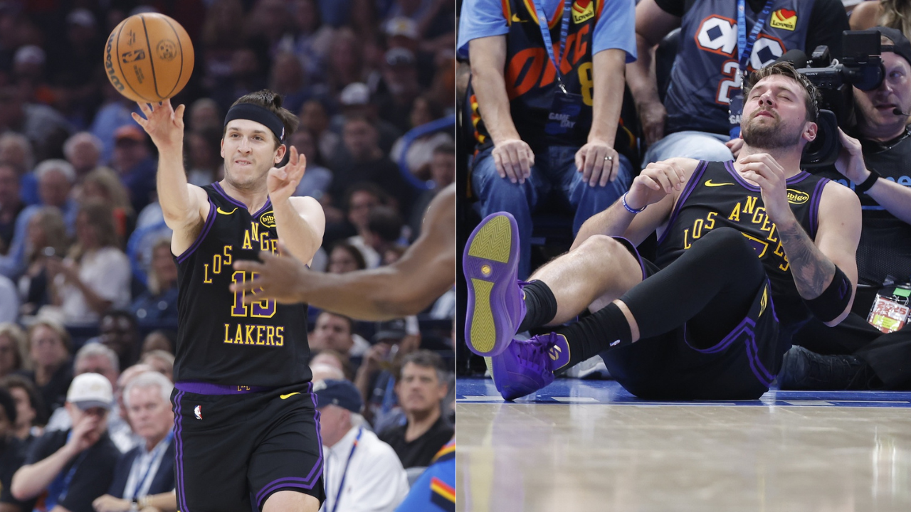Los Angeles Lakers guard Luka Doncic (77) falls to the court during a play against the Oklahoma City Thunder during the third quarter at Paycom Center. Mandatory Credit: Alonzo Adams-Imagn Images (R)

Apr 2, 2026; Oklahoma City, Oklahoma, USA; Los Angeles Lakers guard Austin Reaves (15) passes around Oklahoma City Thunder guard Luguentz Dort (5) during the first quarter at Paycom Center.
