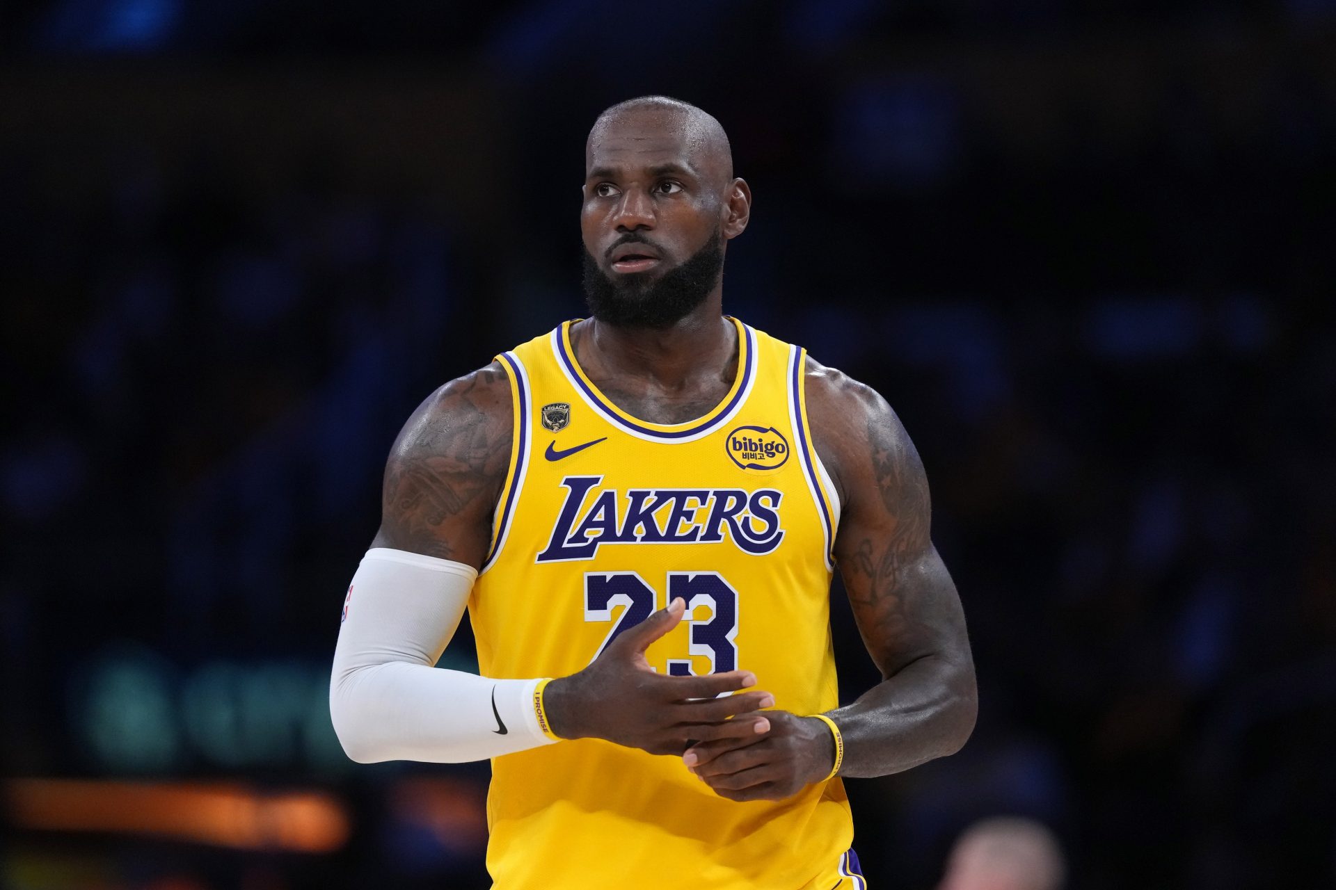 Los Angeles Lakers forward LeBron James (23) reacts against the Houston Rockets during game one of the first round of the 2026 NBA Playoffs at Crypto.com Arena - Source: Imagn Images