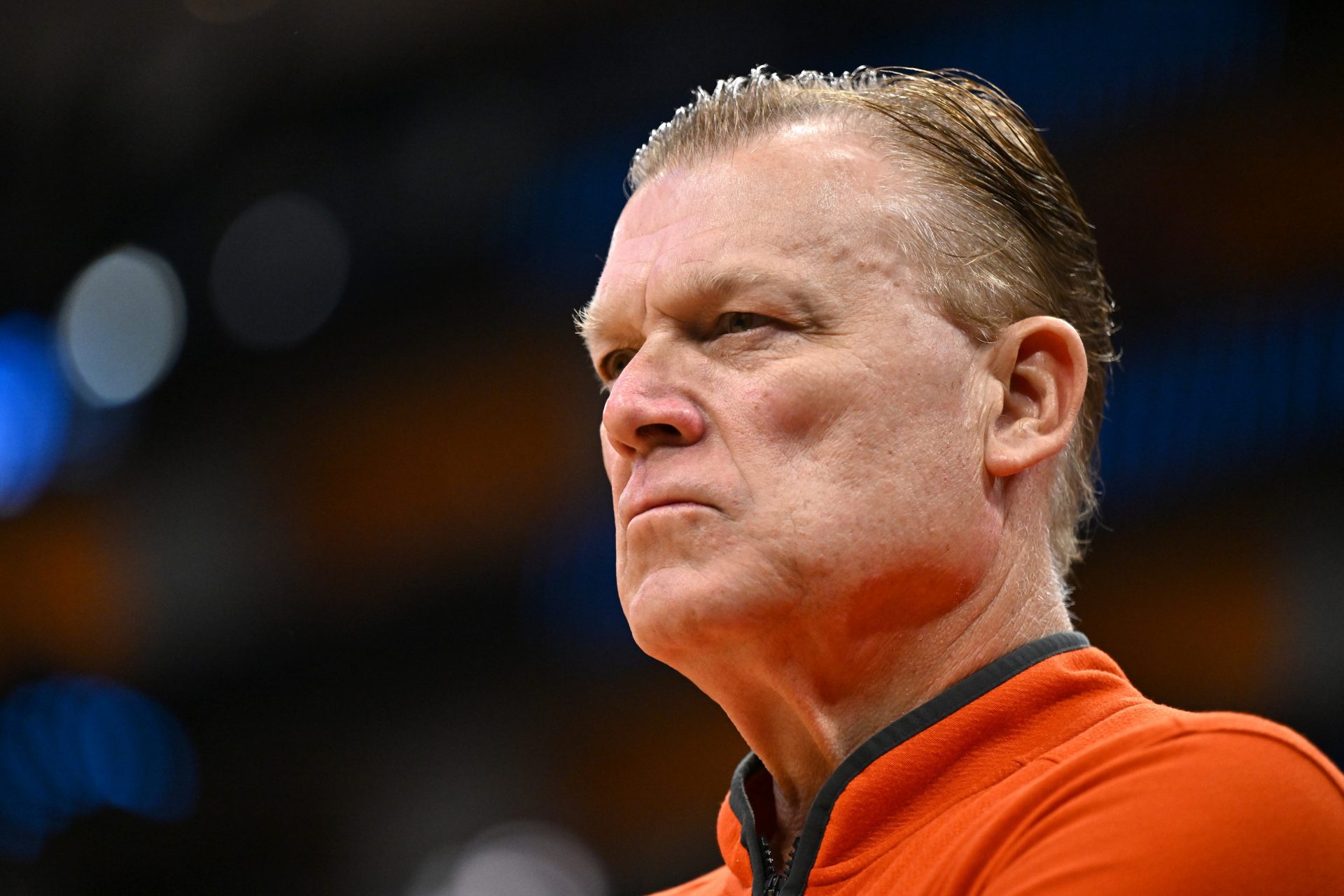 Illinois Fighting Illini head coach Brad Underwood looks on before an Elite Eight game of the South Regional of the men's 2026 NCAA Tournament against the Iowa Hawkeyes at Toyota Center. Source: Imagn