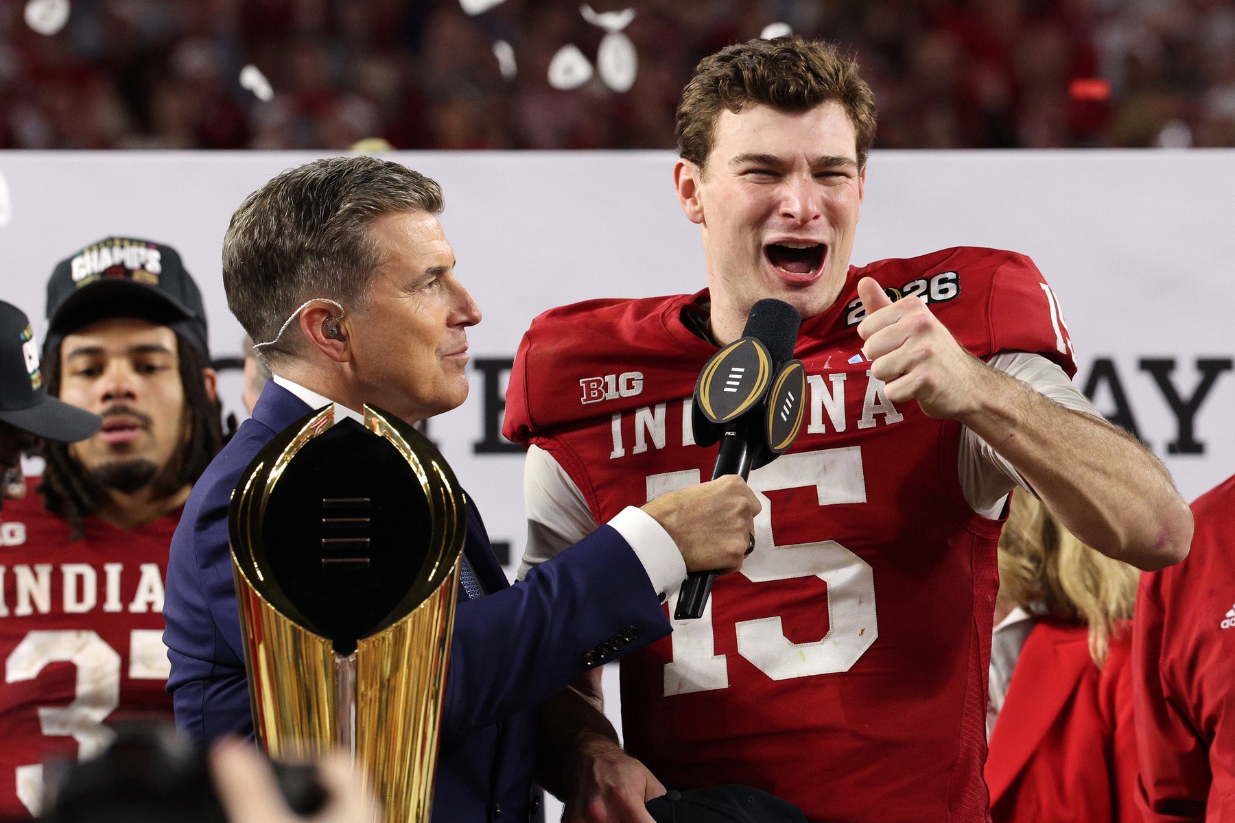 Indiana Hoosiers quarterback Fernando Mendoza (15) reacts after the College Football Playoff National Championship game against the Miami Hurricanes at Hard Rock Stadium. Source: Imagn