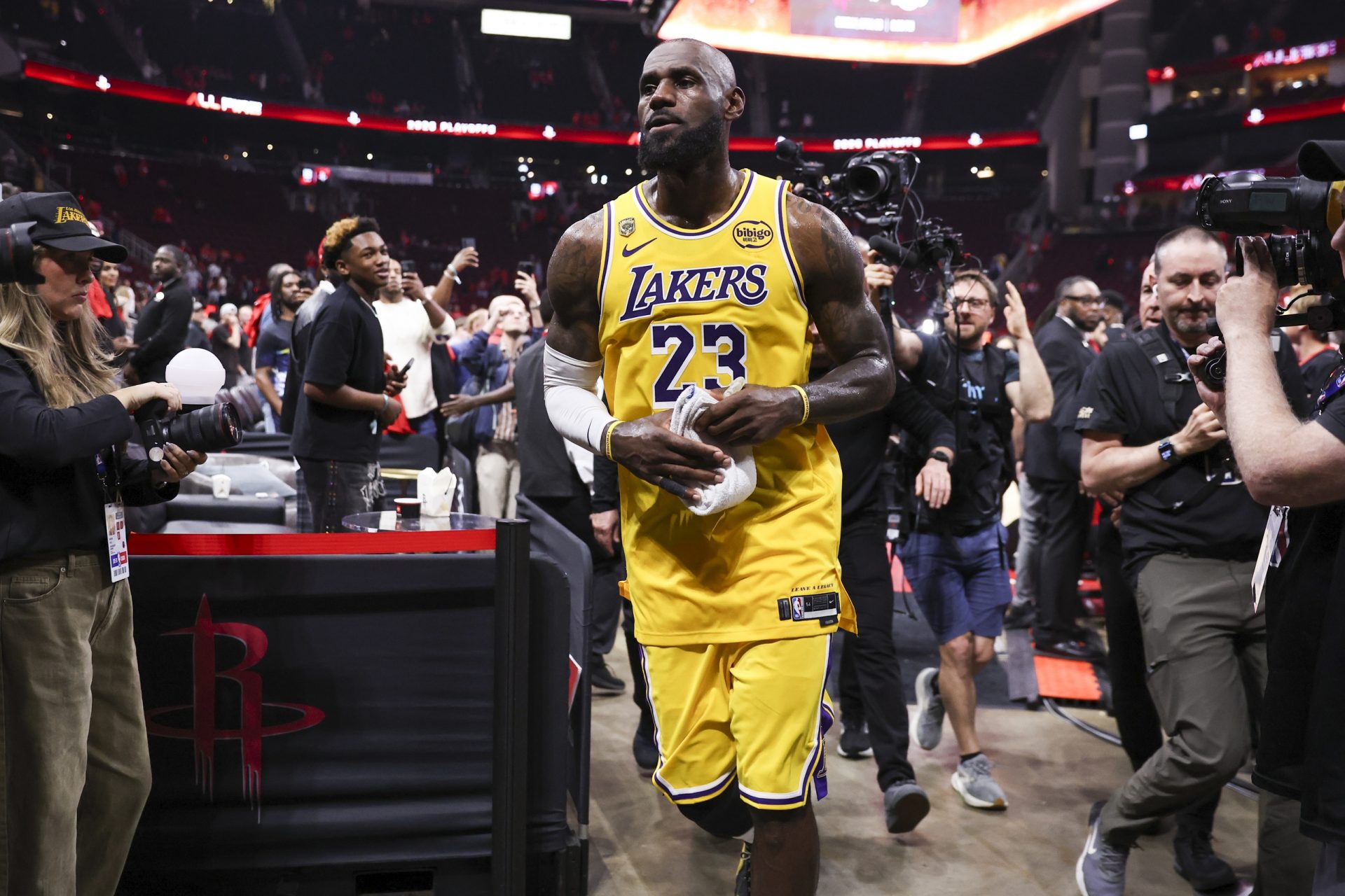 Los Angeles Lakers forward LeBron James (23) jogs off the court after game three of the first round of the 2026 NBA Playoffs against the Houston Rockets at Toyota Center - Source: Imagn Images