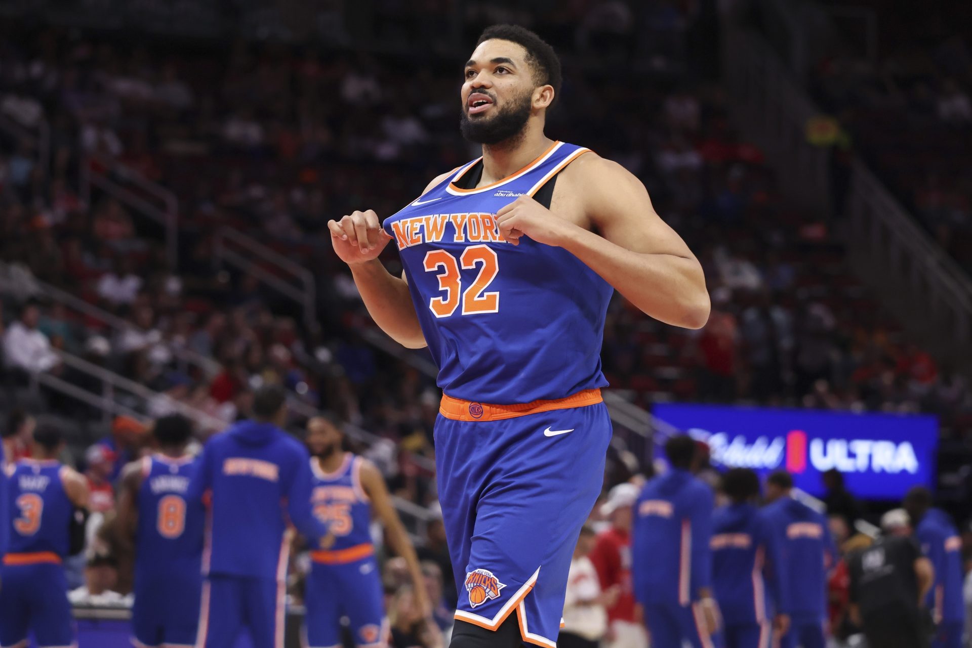 New York Knicks center/forward Karl-Anthony Towns (32) walks on the court before the game against the Houston Rockets at Toyota Center.