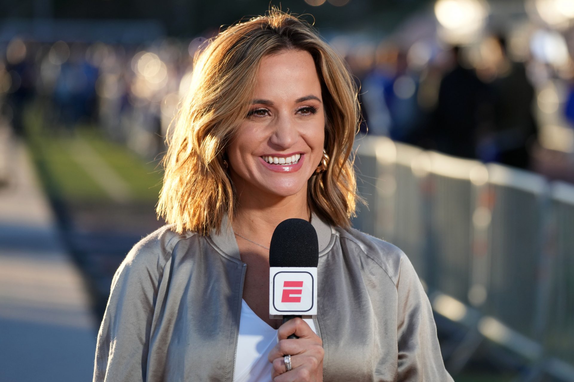 ESPN reporter Dianna Russini at Los Angeles Rams Super Bowl LVI Opening Night at Oaks Christian High School.