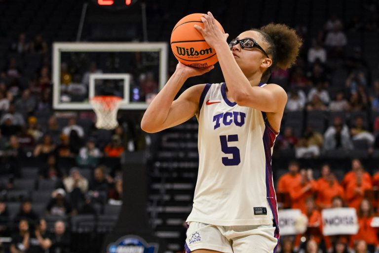 Texas Christian University Horned Frogs guard Olivia Miles (5) takes a jump shot during the fourth quarter of the game against the Virginia Cavaliers in the Sweet Sixteen game of the Sacramento Regional 4 of the women's 2026 NCAA Tournament at Golden 1 Center. Source: Imagn