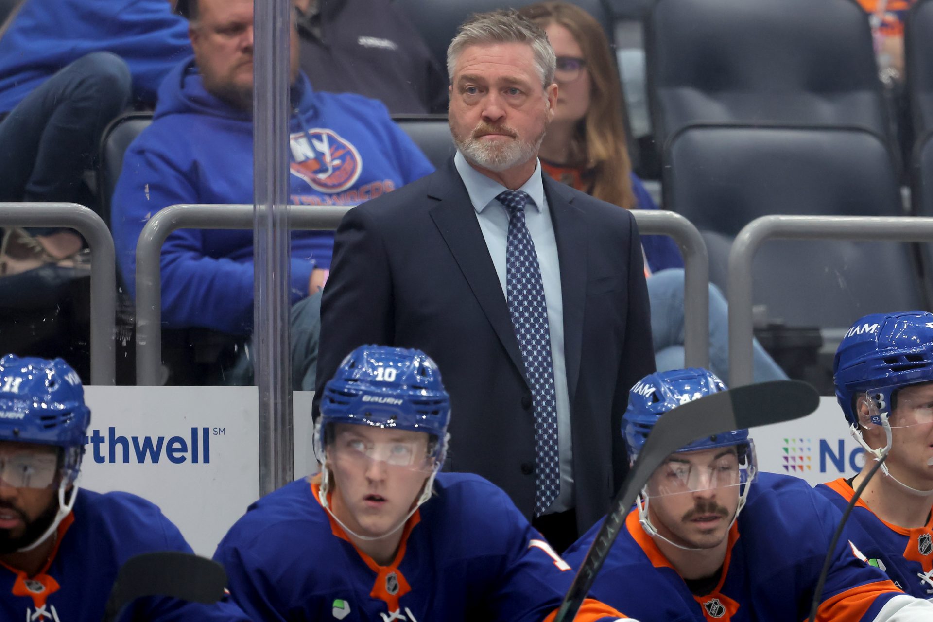 New York Islanders head coach Patrick Roy coaches against the Pittsburgh Penguins during the first period at UBS Arena.