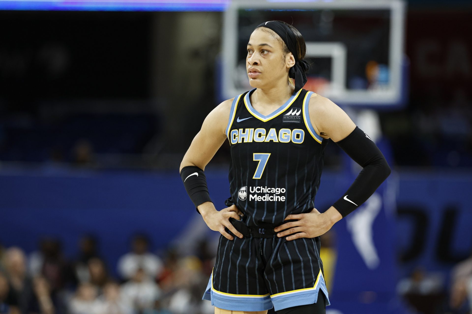 Chicago Sky guard Chennedy Carter (7) looks on during the first half at Wintrust Arena. - Source: USA Today Sports