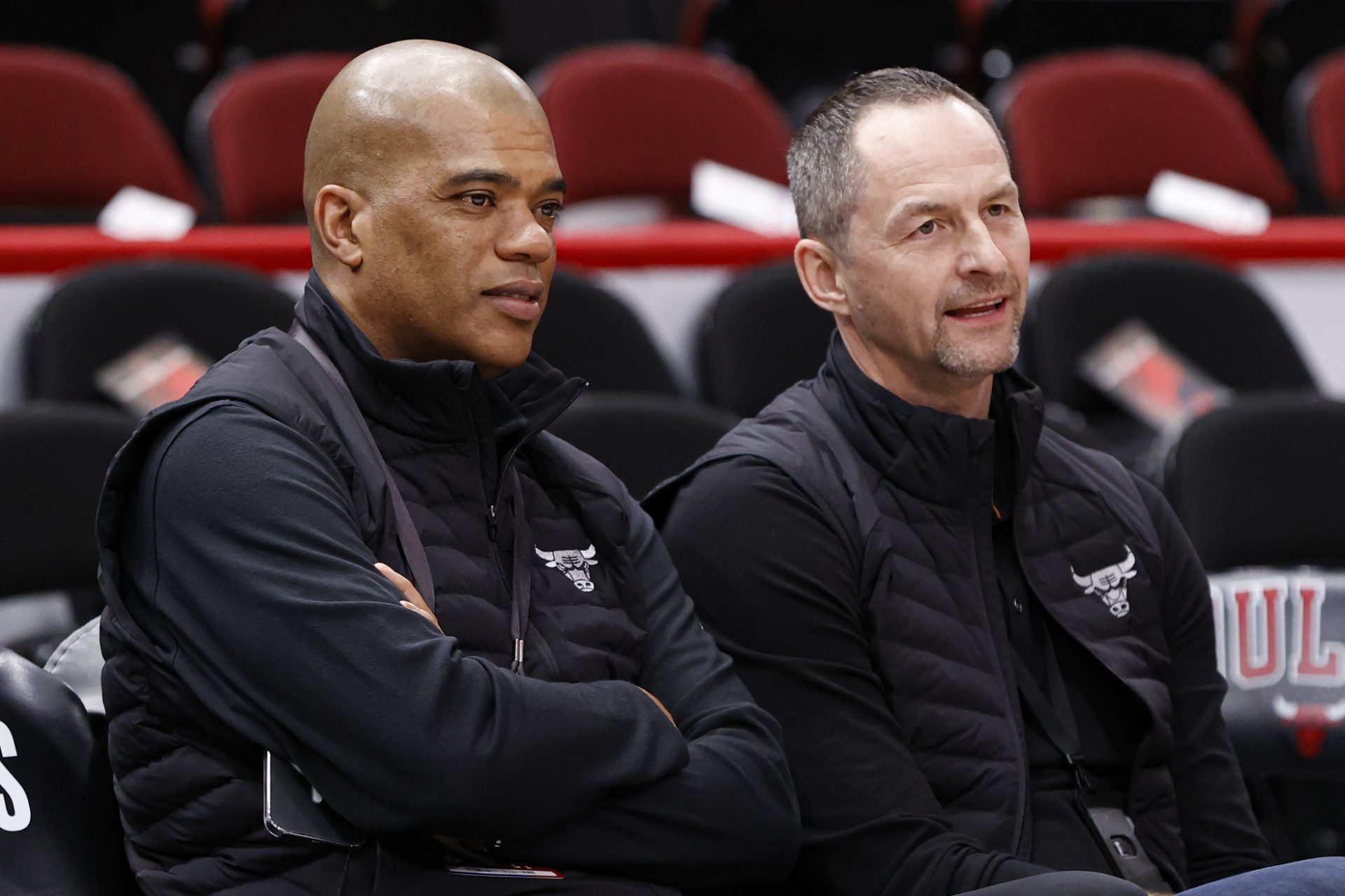 Chicago Bulls executive vice president of basketball operations Arturas Karnisovas (right) talks with general manager Marc Eversley (left) before game three of the first round for the 2022 NBA playoffs against the Milwaukee Bucks at United Center. - Image via USA Today Sports