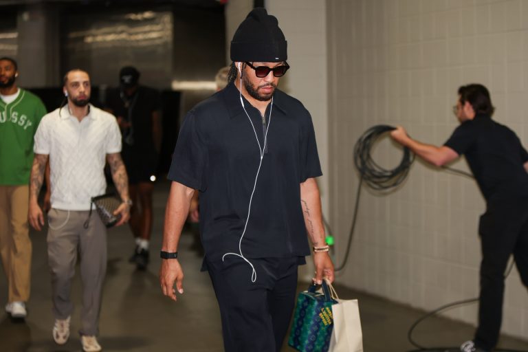 New York Knicks guard Jalen Brunson (11) walks into State Farm Arena before a game against the Atlanta Hawks during game three of the first round of the 2026 NBA Playoffs - Source: Imagn Images