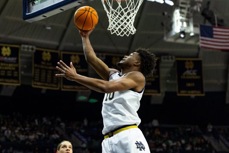 Notre Dame Fighting Irish forward Jalen Haralson (10) shoots during the first half at Purcell Pavilion at the Joyce Center. Source: Imagn