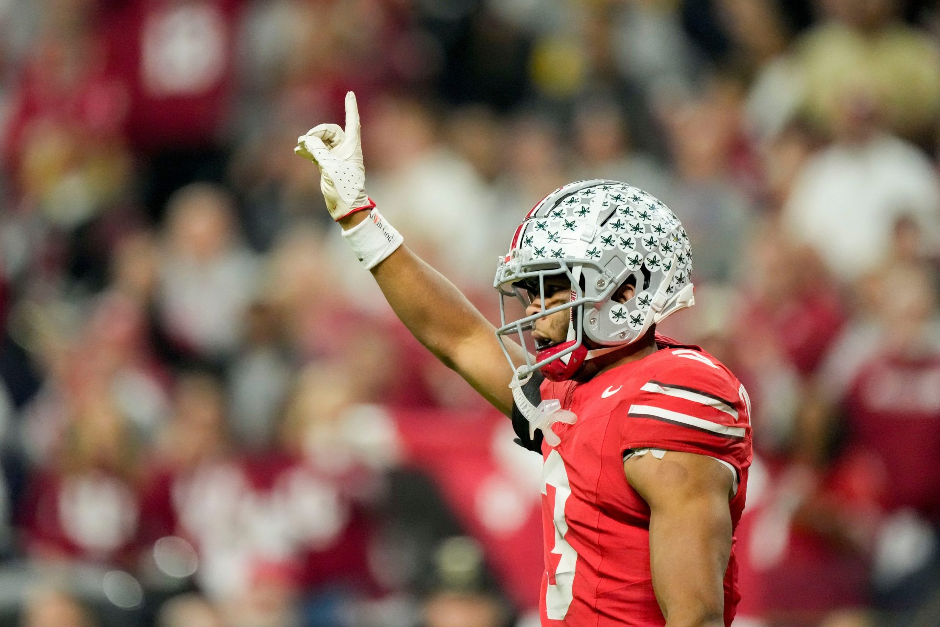 Ohio State Buckeyes cornerback Lorenzo Styles Jr. (3) celebrates after breaking up a pass to Indiana Hoosiers wide receiver Omar Cooper Jr. (3) on Saturday, Dec. 6, 2025, during the Big Ten football championship at Lucas Oil Stadium in Indianapolis. source: Imagn