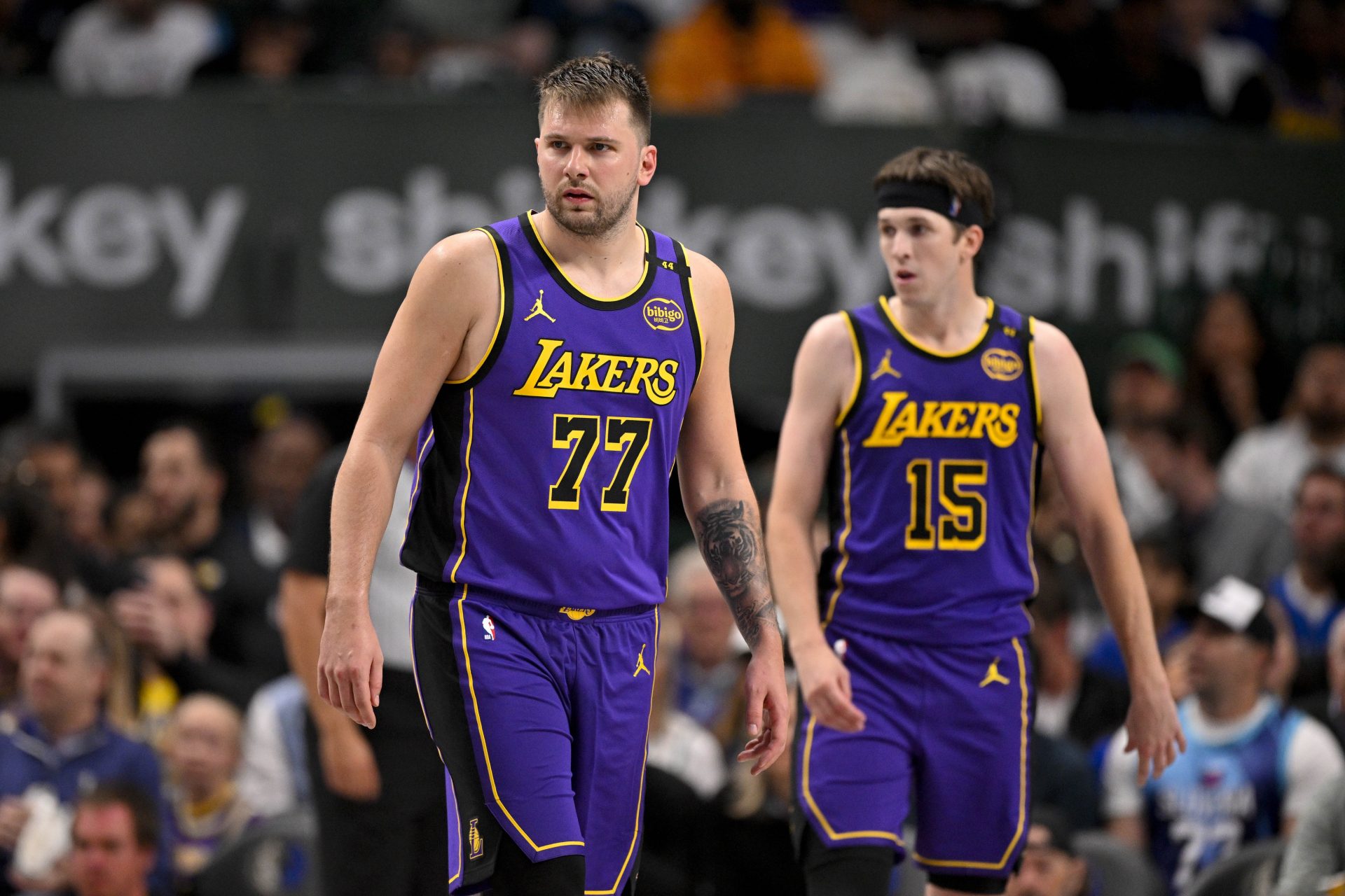 Los Angeles Lakers guard Luka Doncic (77) and guard Austin Reaves (15) during the game between the Dallas Mavericks and the Los Angeles Lakers at American Airlines Center. - Source: Imagn