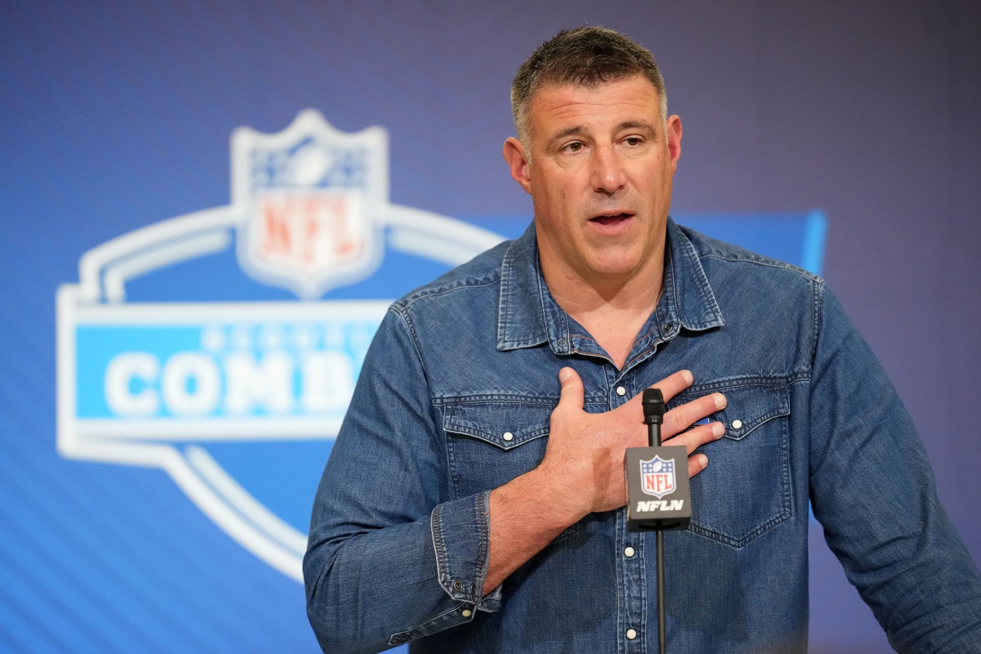 New England Patriots coach Mike Vrabel speaks during the NFL Scouting Combine at the Indiana Convention Center.