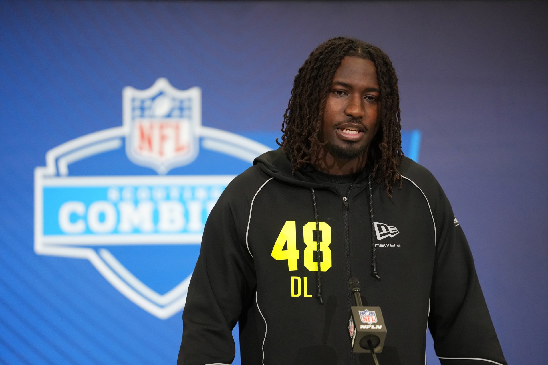 UCF defensive lineman Malachi Lawrence (DL48) speaks during the NFL Scouting Combine at the Indiana Convention Center.