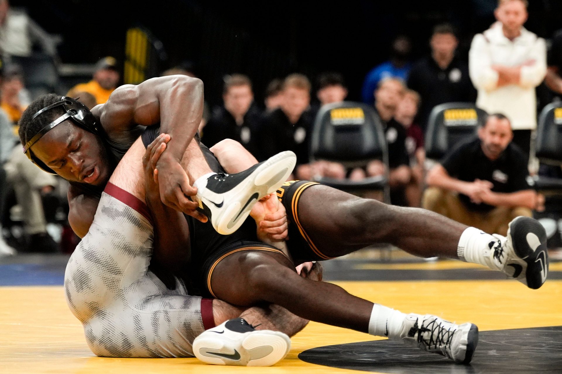 Iowa’s Massoma Endene wrestles Bellarmine’s Andrew Liber in a 197-pound match Nov. 6, 2025 at Carver-Hawkeye Arena in Iowa City, Iowa - Source: Imagn