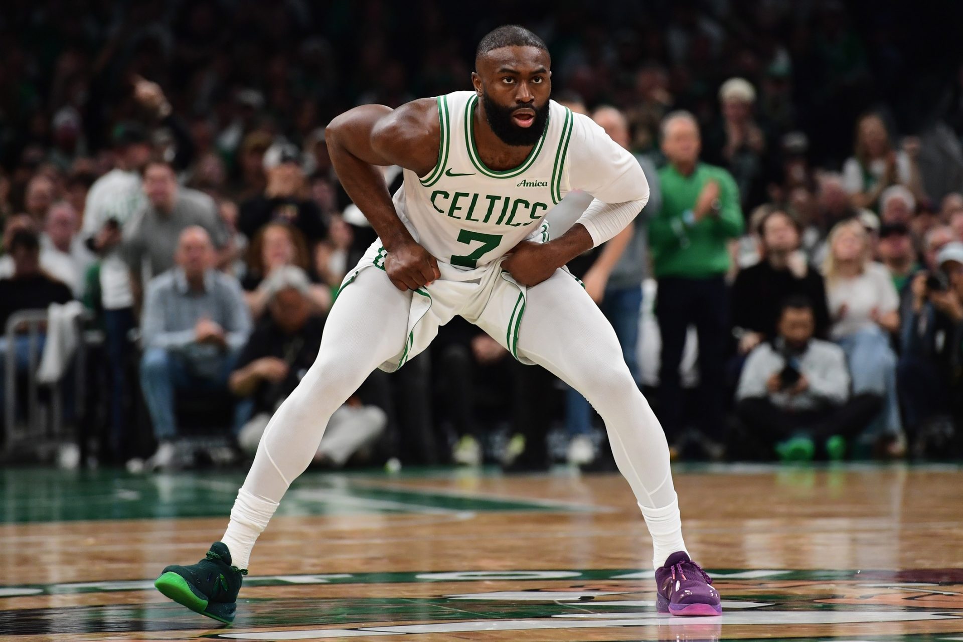 Boston Celtics guard Jaylen Brown (7) on defense in the second half during game one of the first round of the 2026 NBA Playoffs against the Philadelphia 76ers at TD Garden. - Source: Imagn